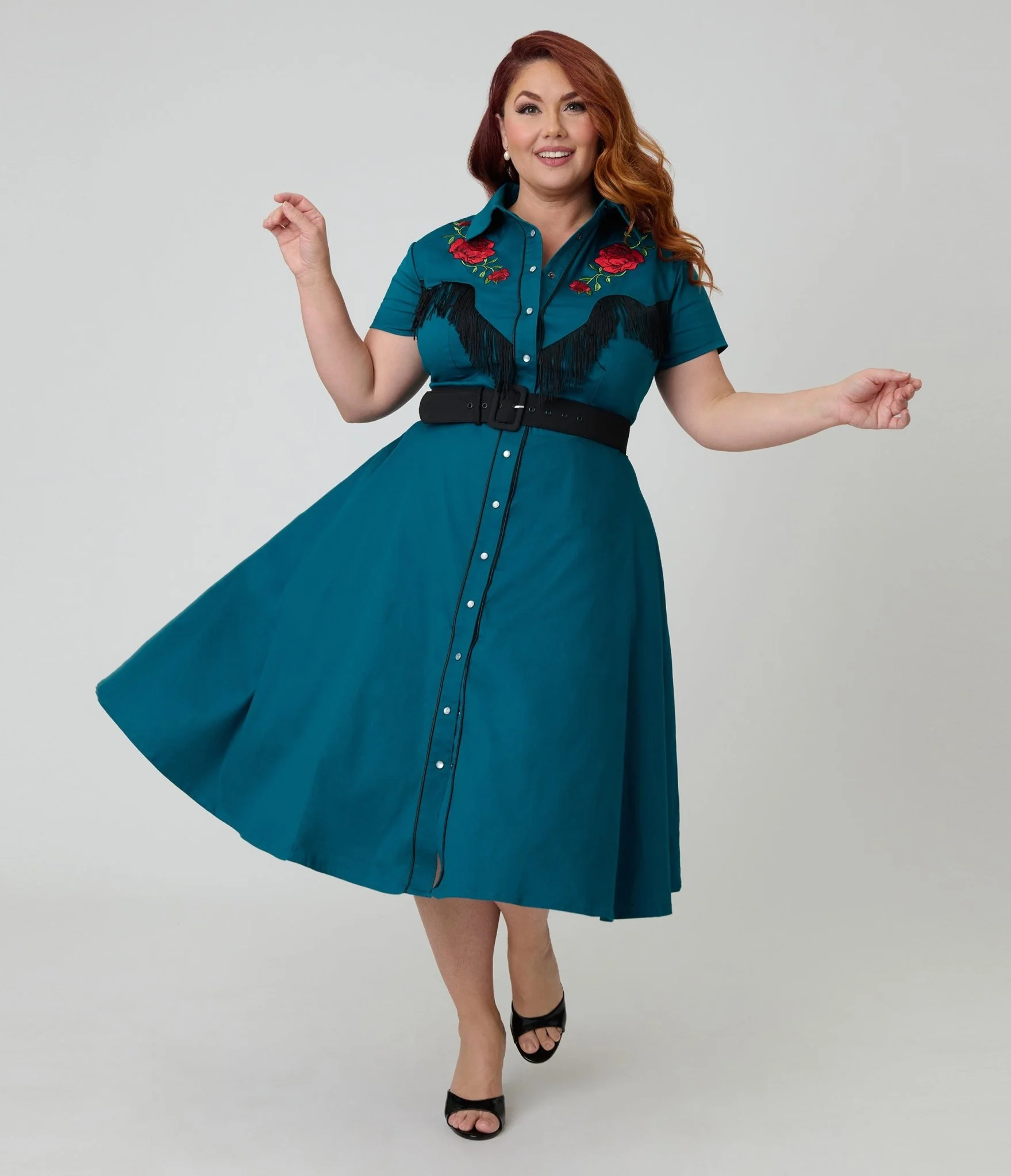 Unique Vintage Plus Size Teal & Western Rose Madeline Swing Dress - Image 3