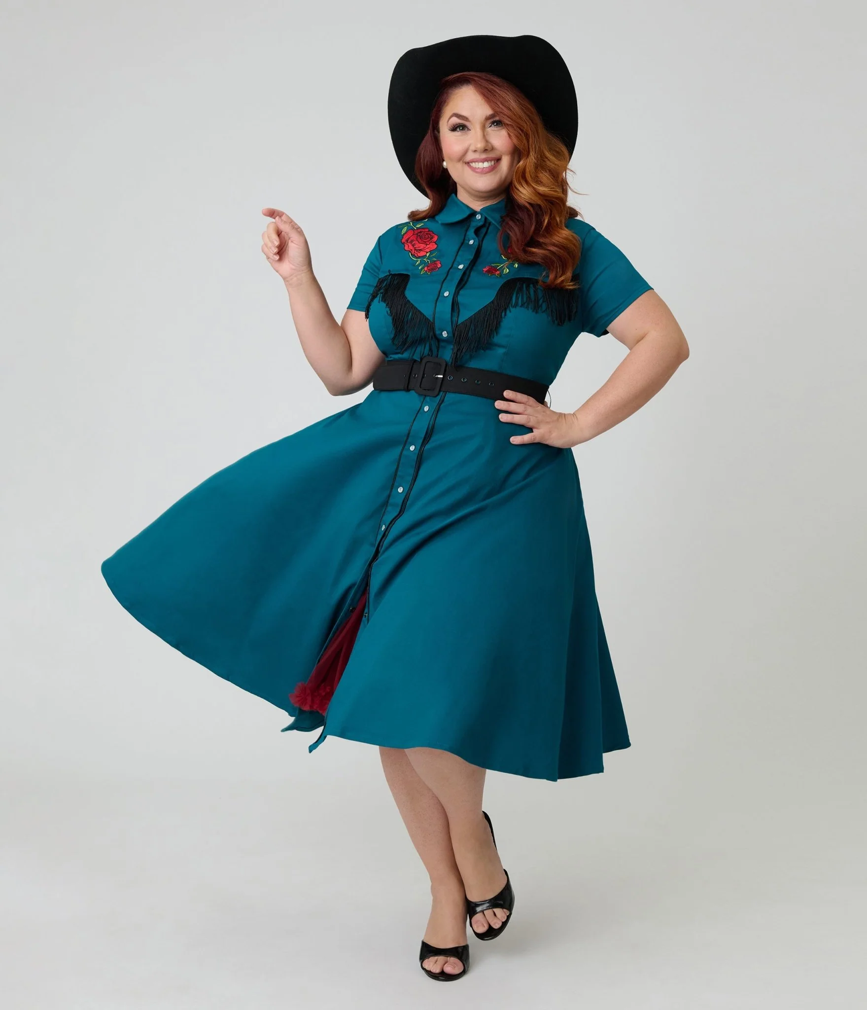 Unique Vintage Plus Size Teal & Western Rose Madeline Swing Dress - Image 4