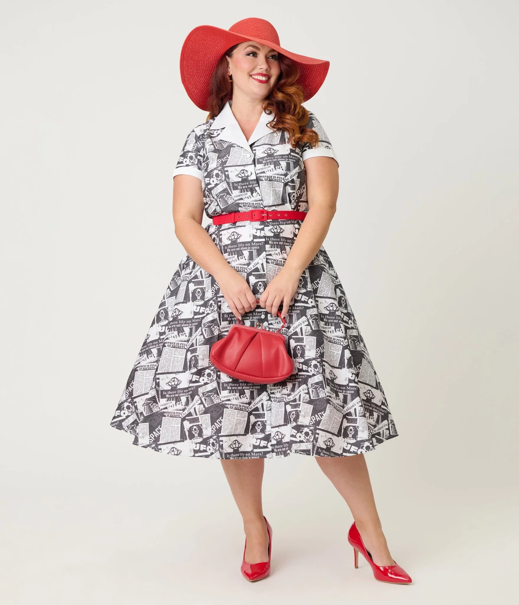 Unique Vintage Plus Size UFO Sighting Newspaper Print Alexis Swing Dress
