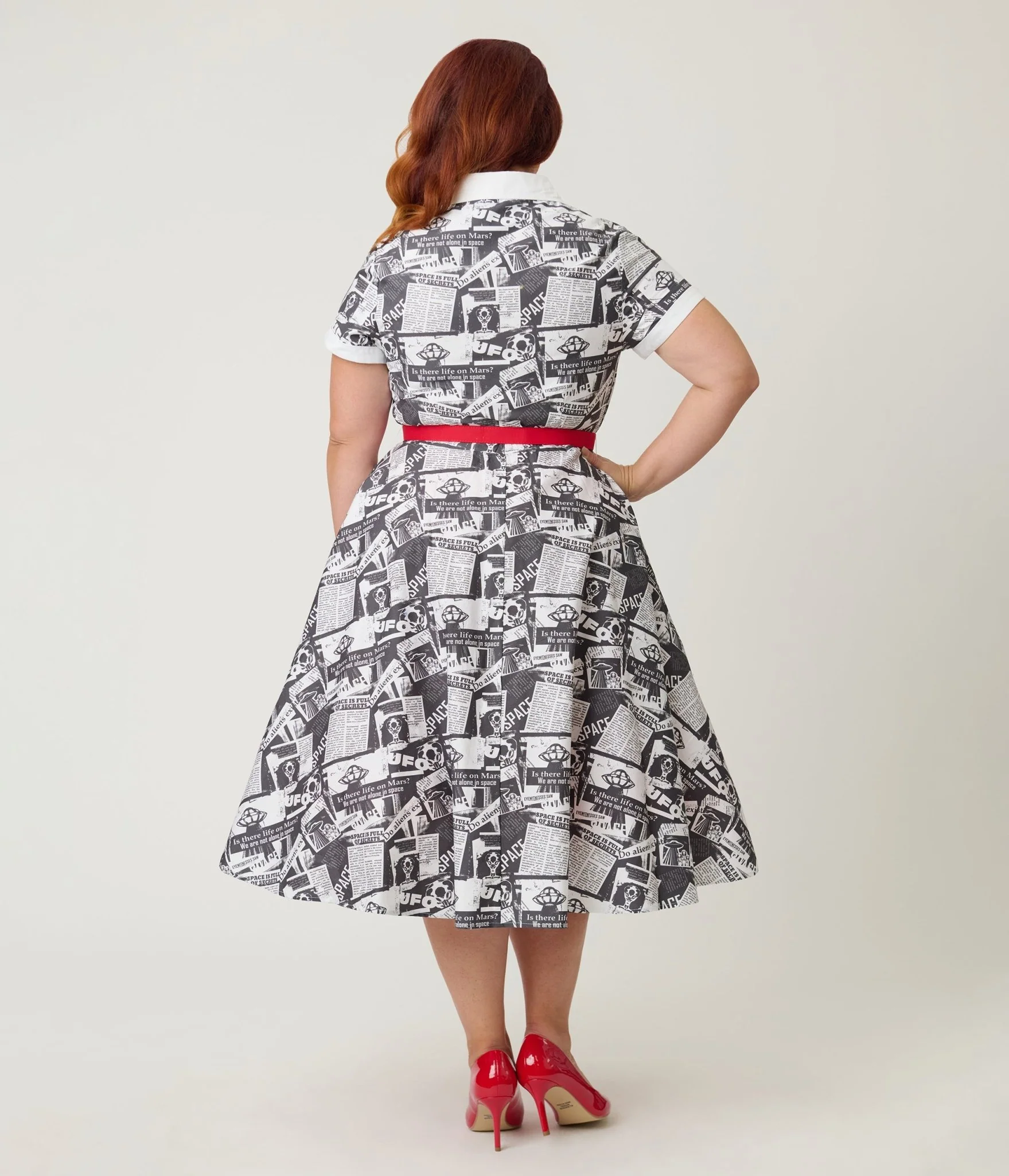 Unique Vintage Plus Size UFO Sighting Newspaper Print Alexis Swing Dress - Image 2