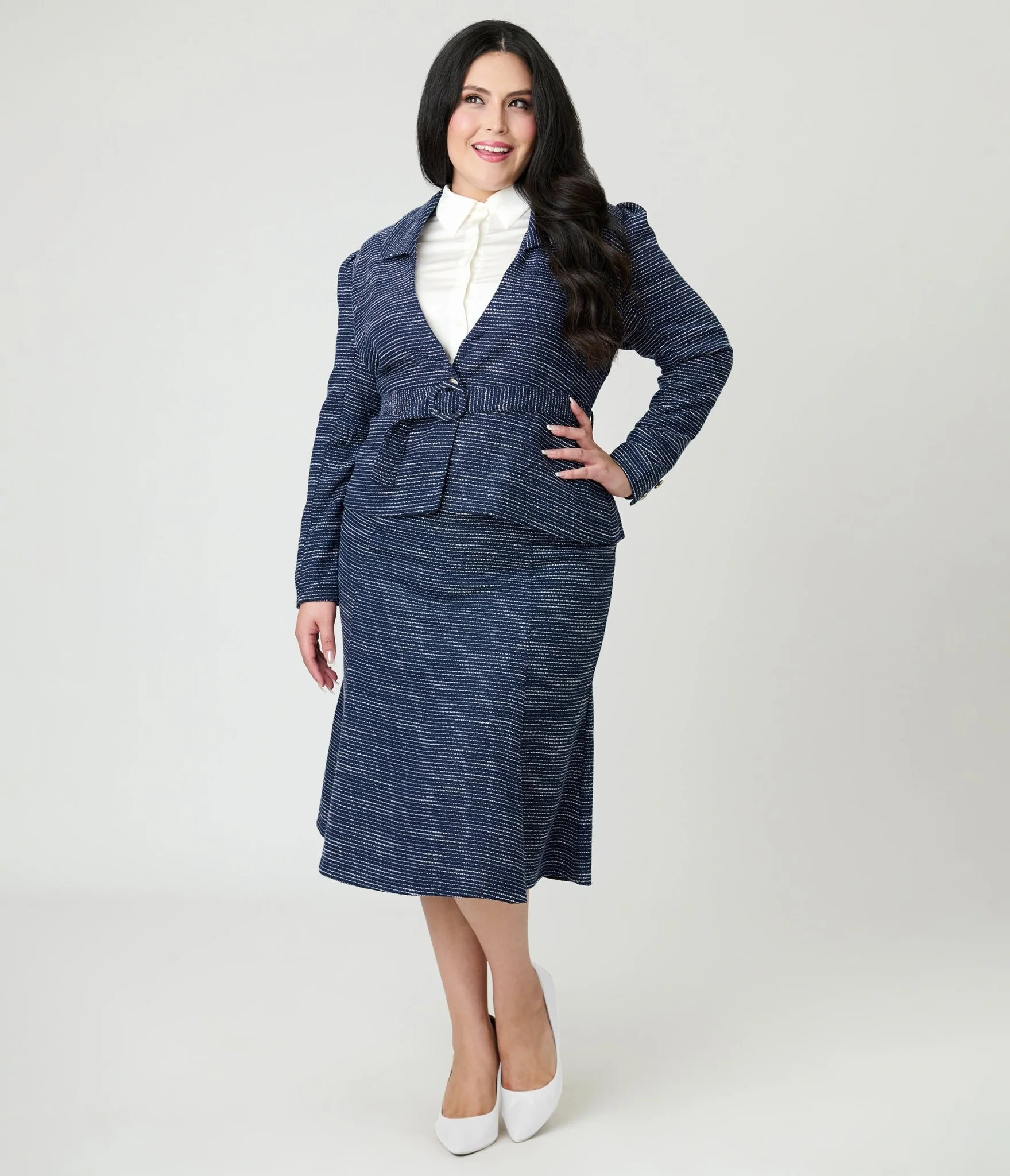 Unique Vintage Plus Size 1940s Navy & White Tweed Tina Trumpet Skirt