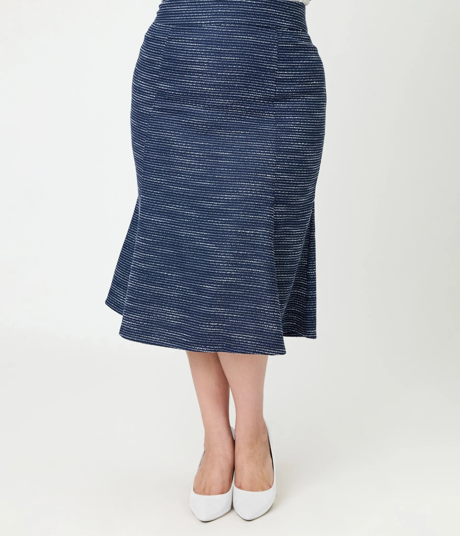 Unique Vintage Plus Size 1940s Navy & White Tweed Tina Trumpet Skirt - Image 2