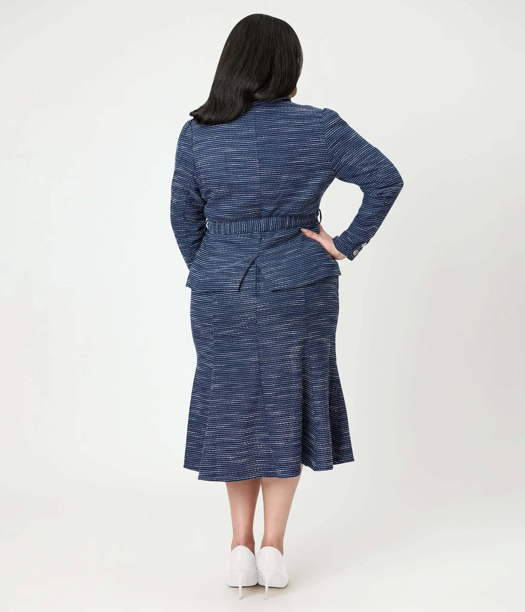 Unique Vintage Plus Size 1940s Navy & White Tweed Tina Trumpet Skirt - Image 3