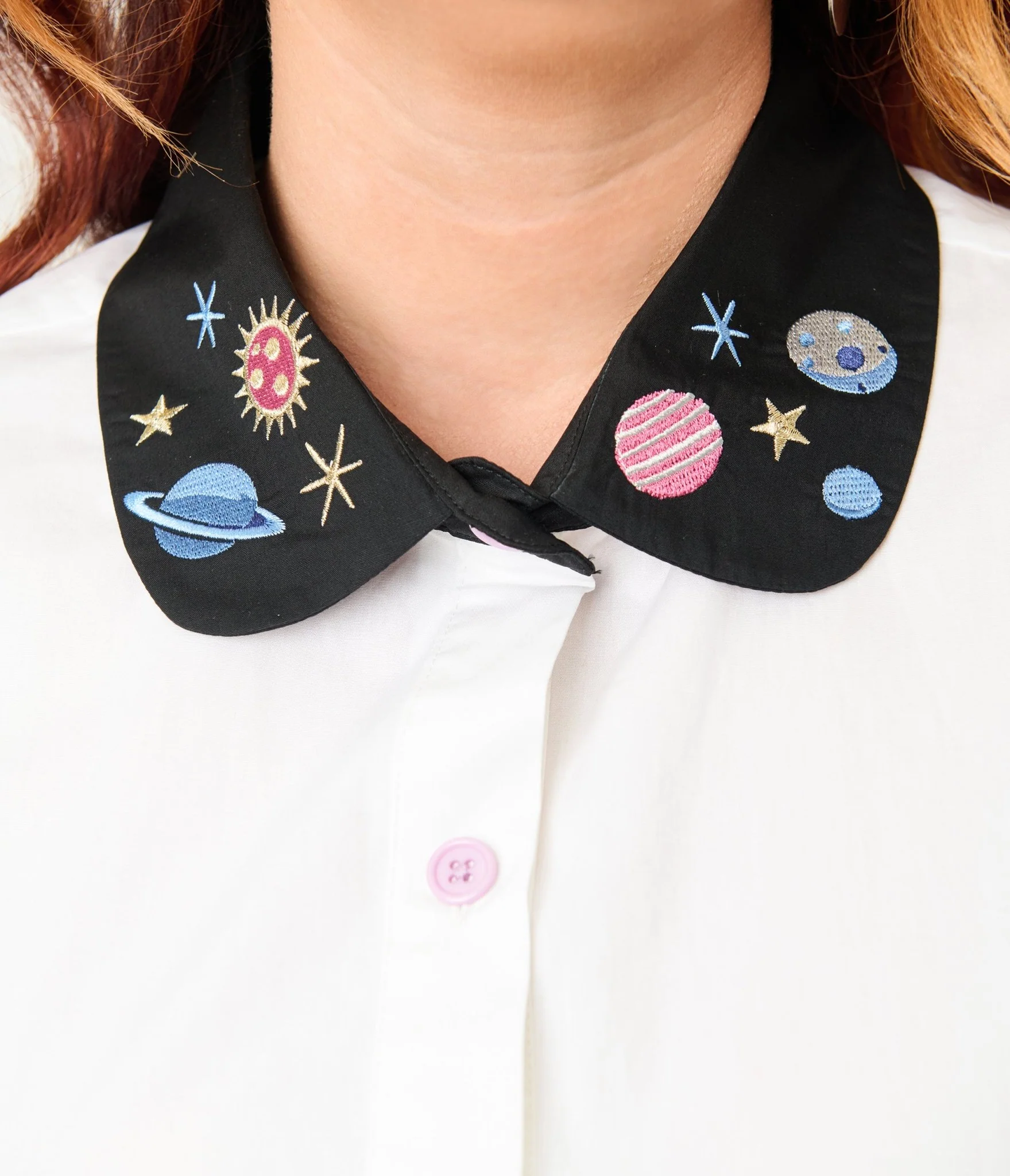 Unique Vintage Plus Size White Planet Embroidered Collared Blouse - Image 5