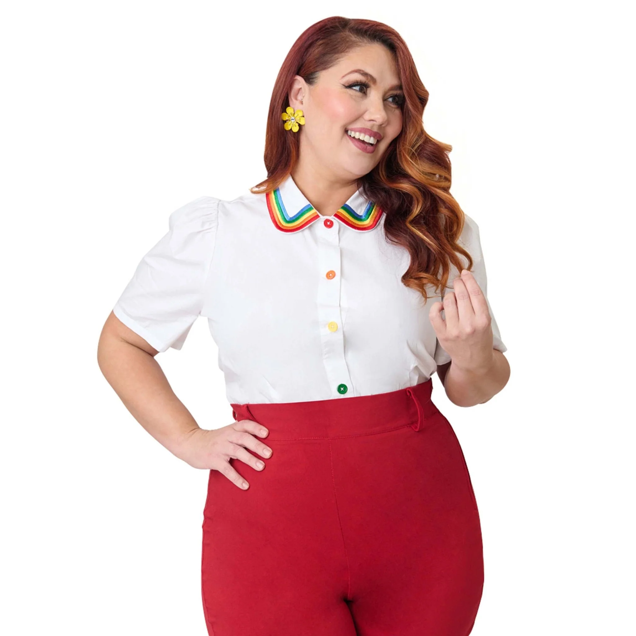 Unique Vintage Plus Size White Rainbow Embroidered Collar Blouse - Image 4