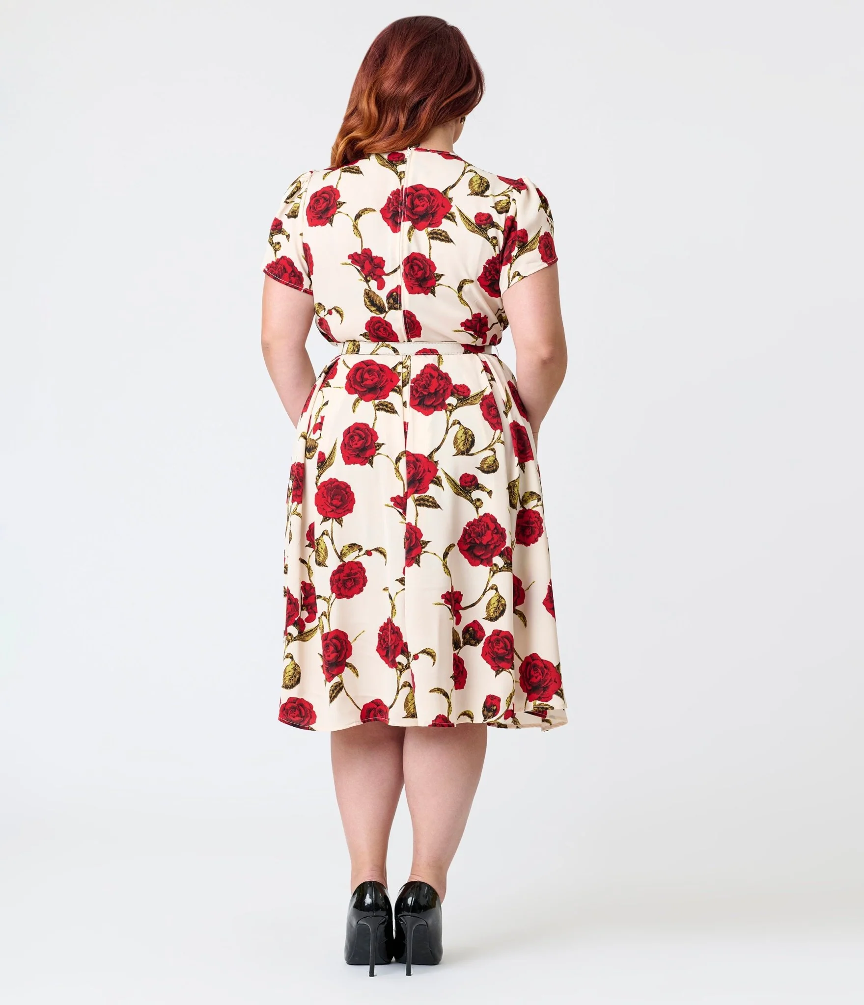 Unique Vintage Plus Size White & Red Rose Dahlia Swing Dress - Image 2