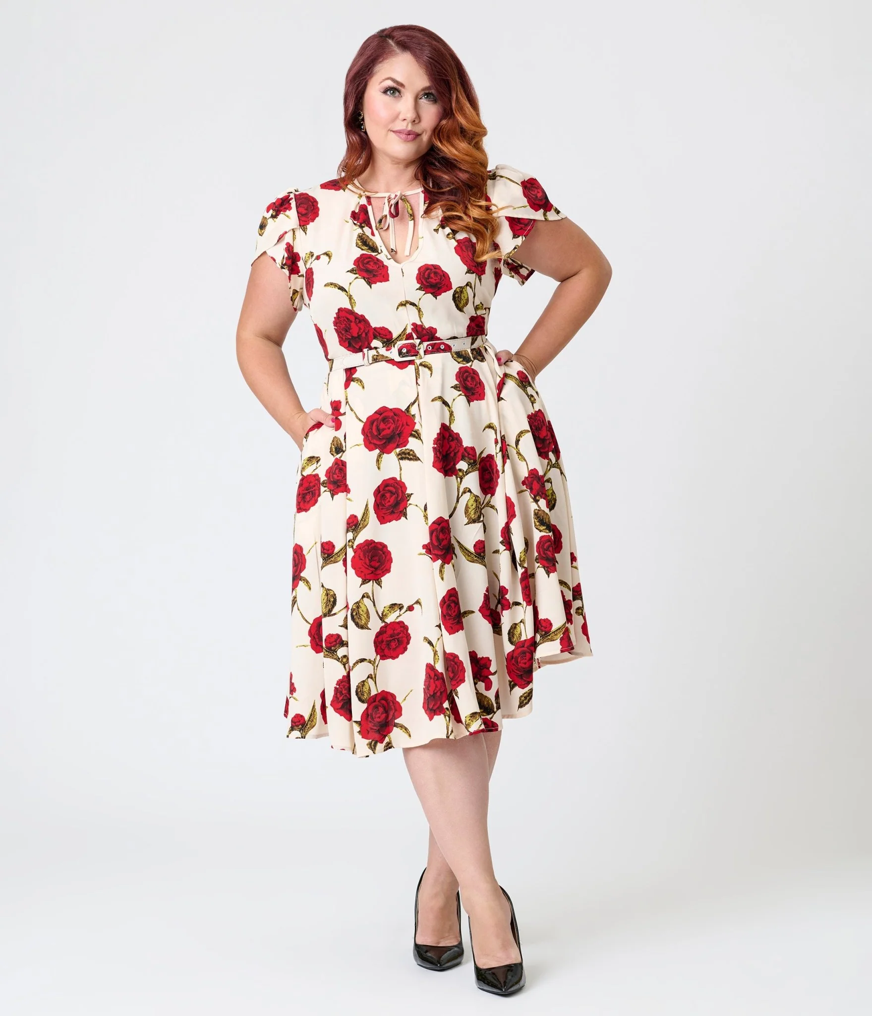Unique Vintage Plus Size White & Red Rose Dahlia Swing Dress - Image 3