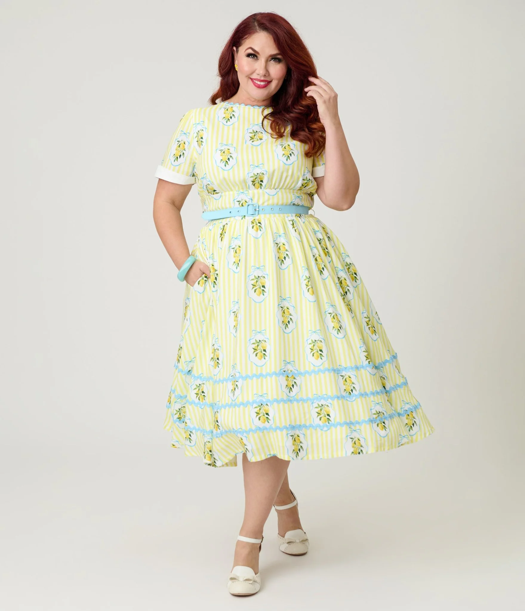 Unique Vintage Plus Size  Yellow Lemon Striped Swing Dress - Image 3