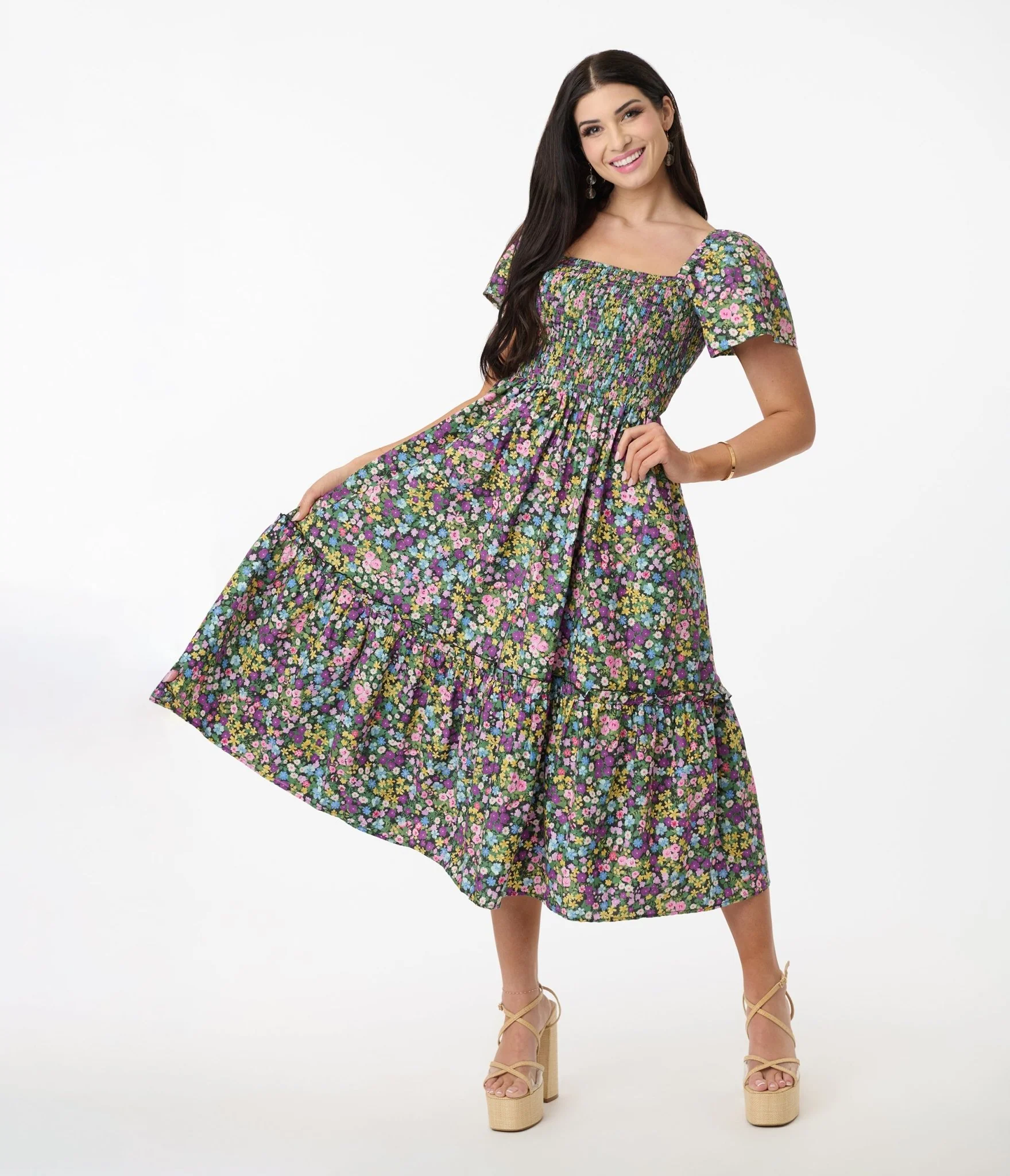 Unique Vintage Purple Ditsy Floral Smocked Bodice Midi Dress