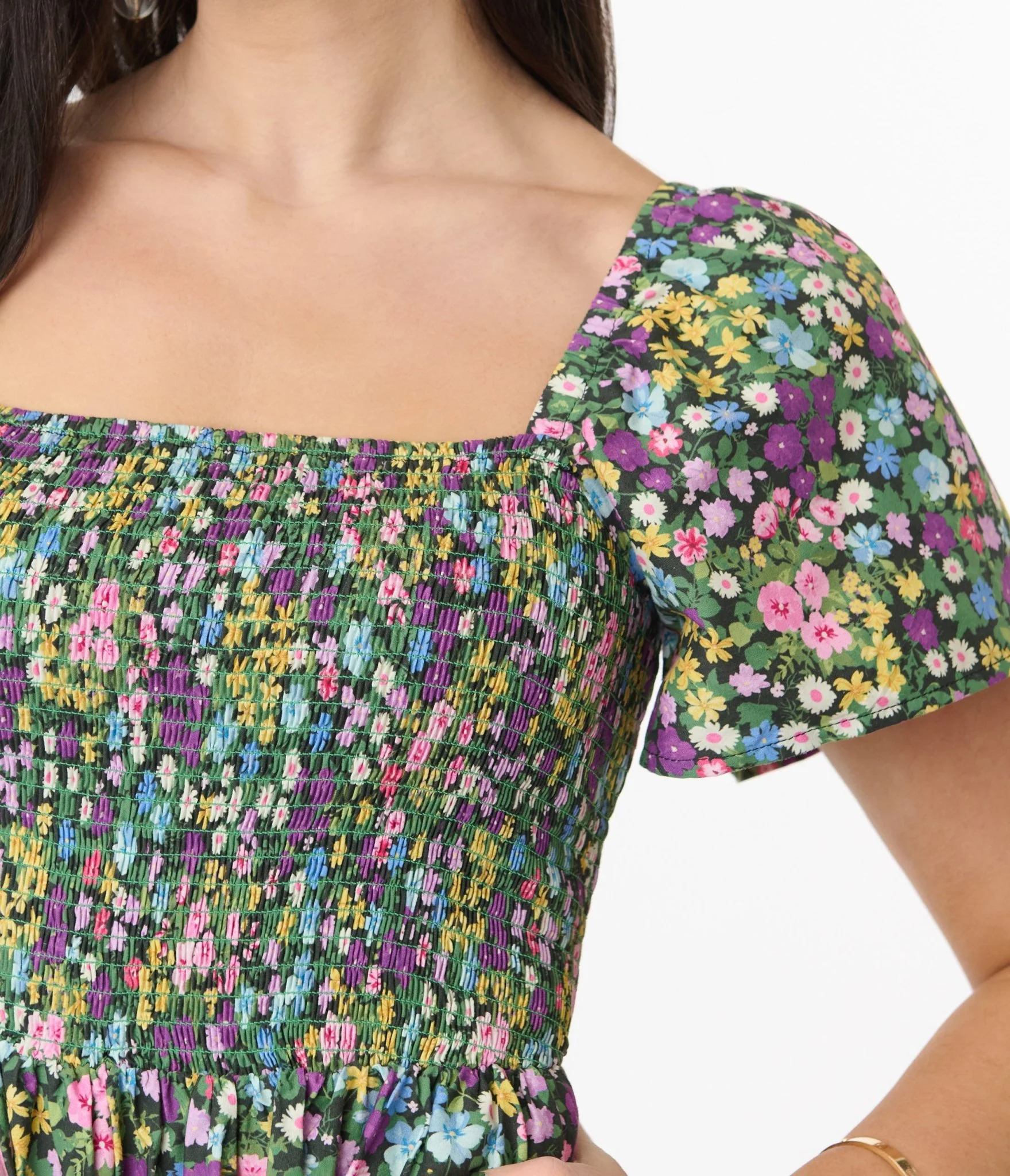 Unique Vintage Purple Ditsy Floral Smocked Bodice Midi Dress - Image 2