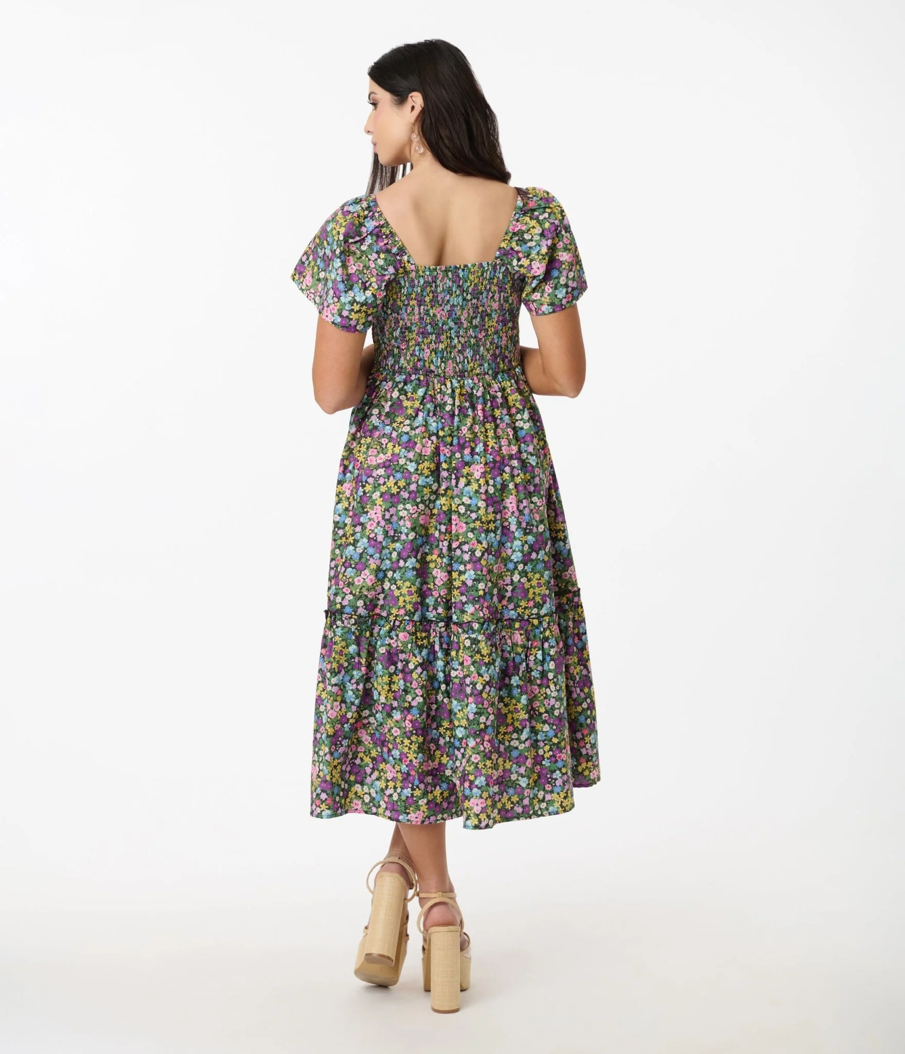 Unique Vintage Purple Ditsy Floral Smocked Bodice Midi Dress - Image 3