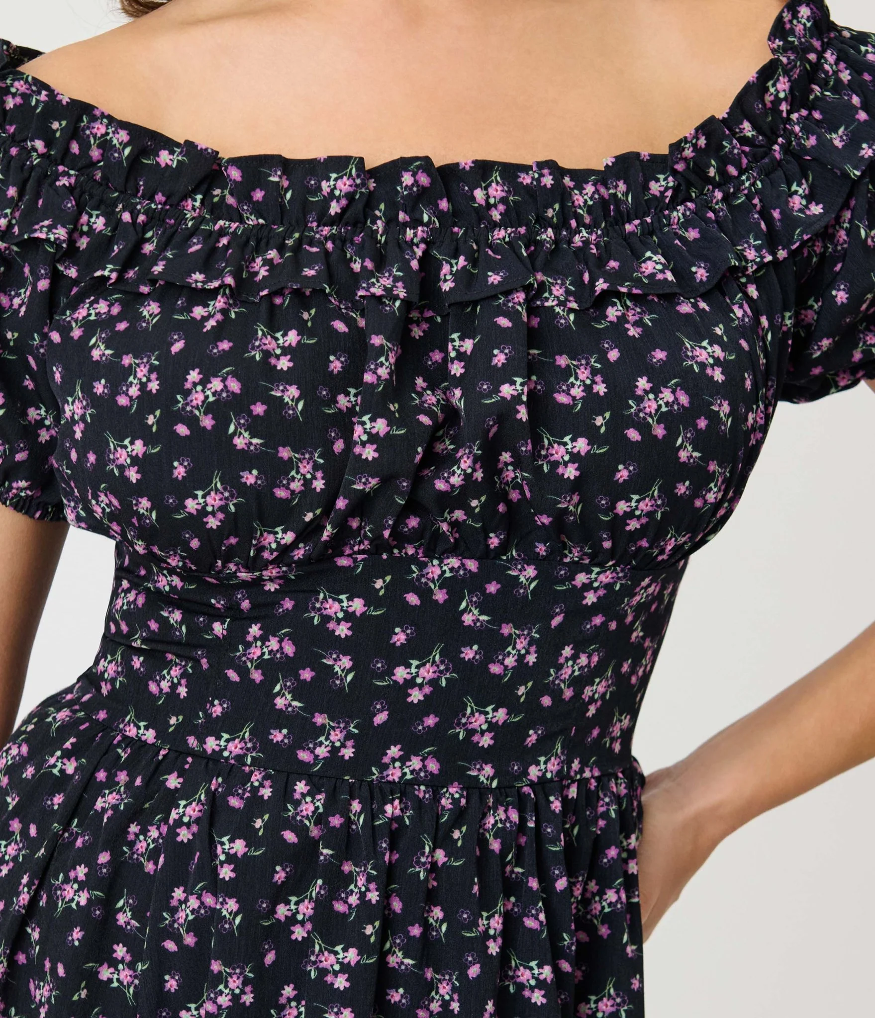 Unique Vintage Purple Ditzy Off The Shoulder Ruffle Swing Dress - Image 4
