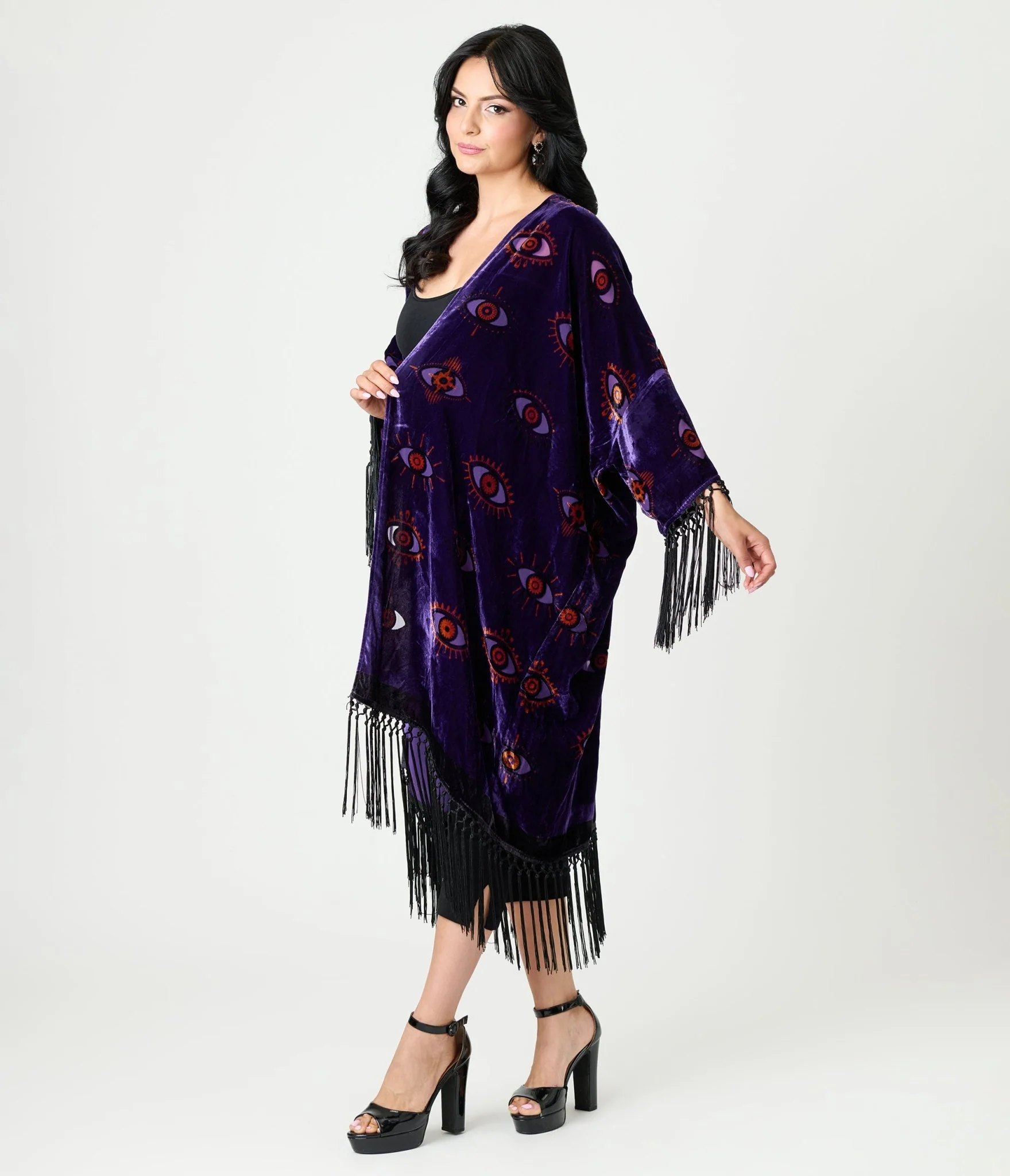 Unique Vintage Purple Evil Eye Burnout Fringe Kimono - Image 3