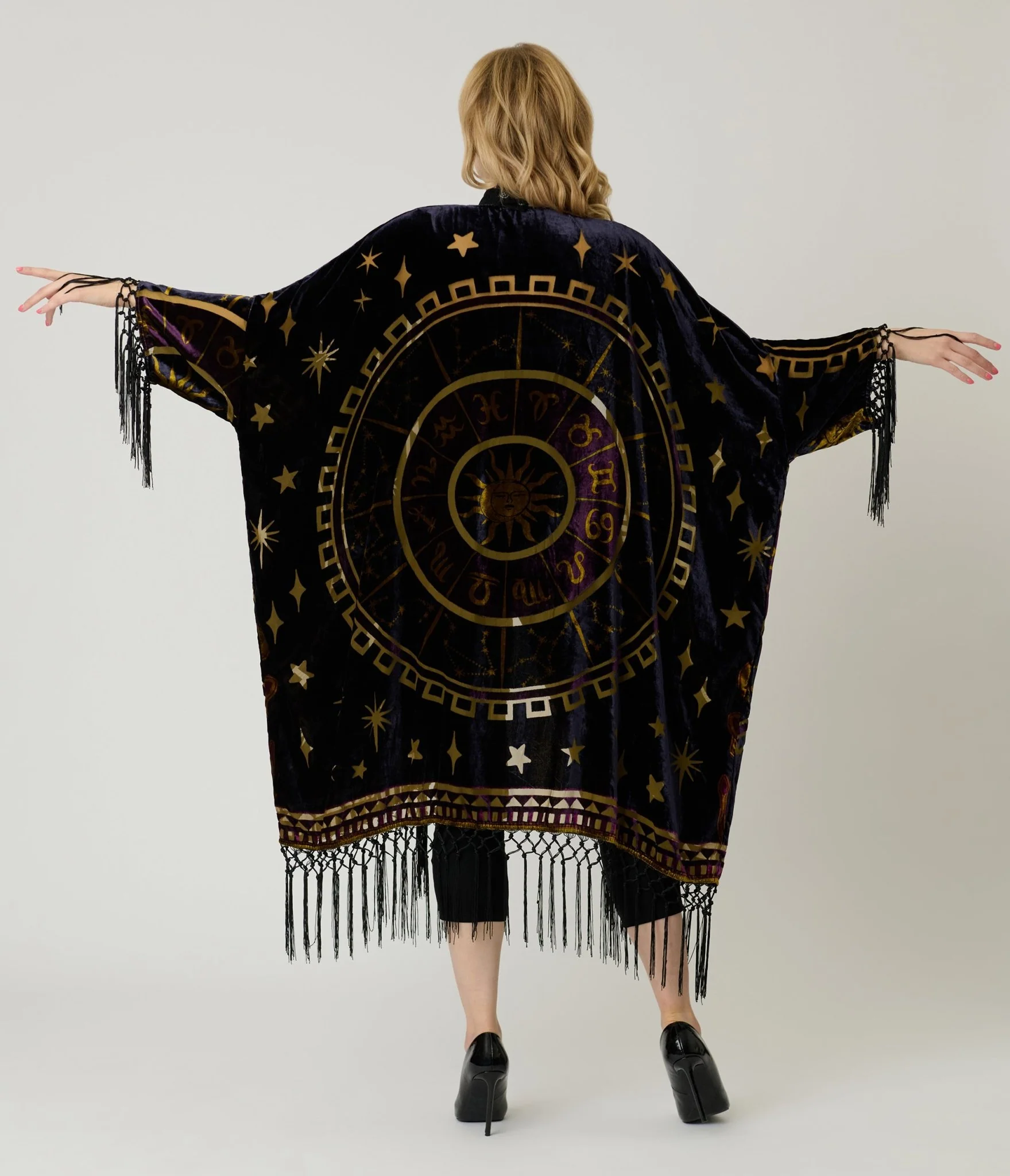 Unique Vintage Purple & Gold Velvet Zodiac Fringe Kimono