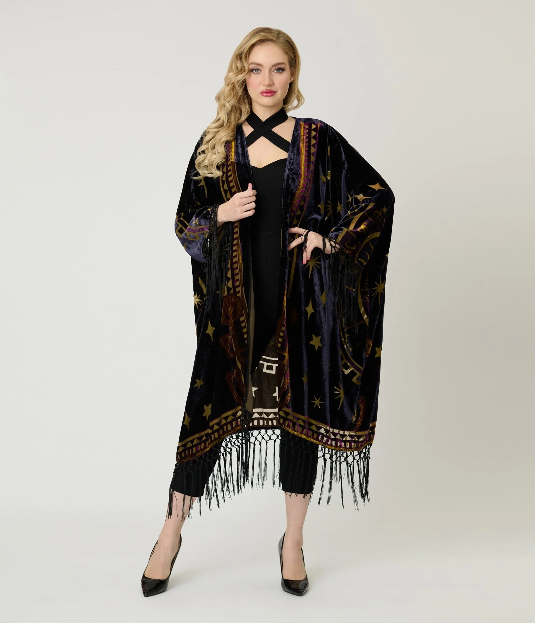 Unique Vintage Purple & Gold Velvet Zodiac Fringe Kimono - Image 3