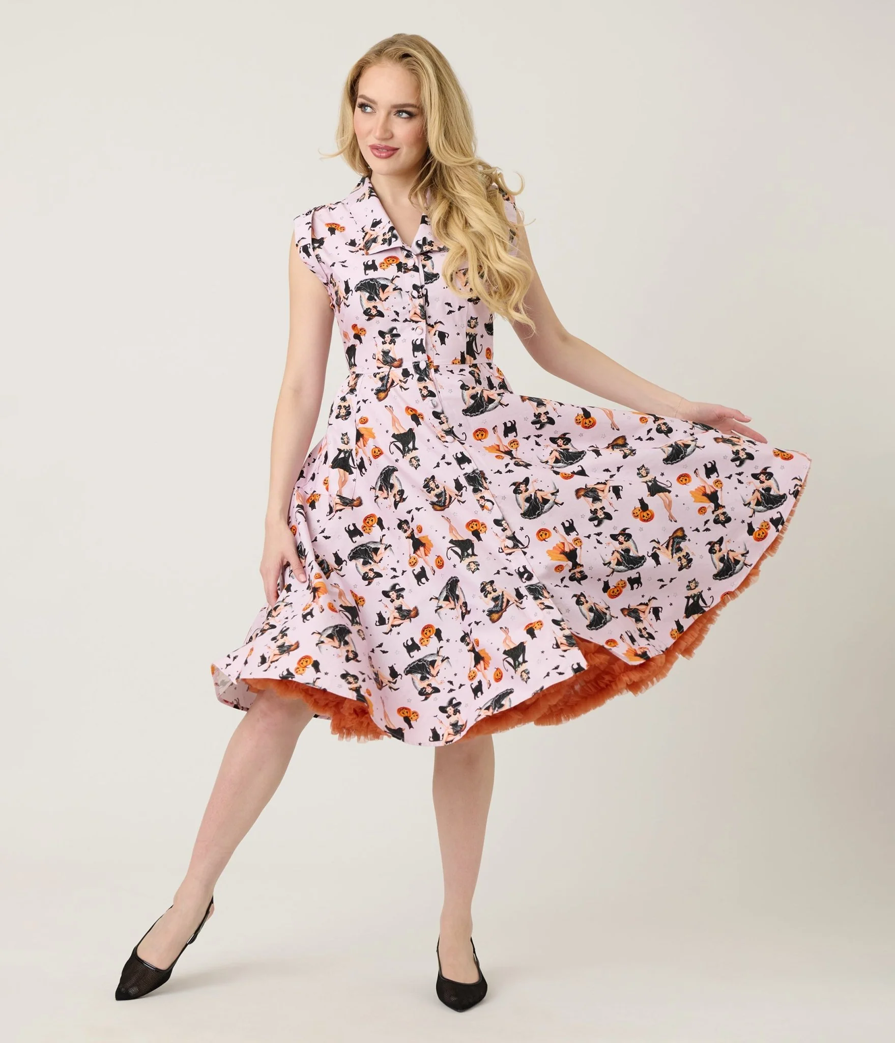 Unique Vintage Purple Pin-Up Witch Cotton Shirt Dress - Image 3