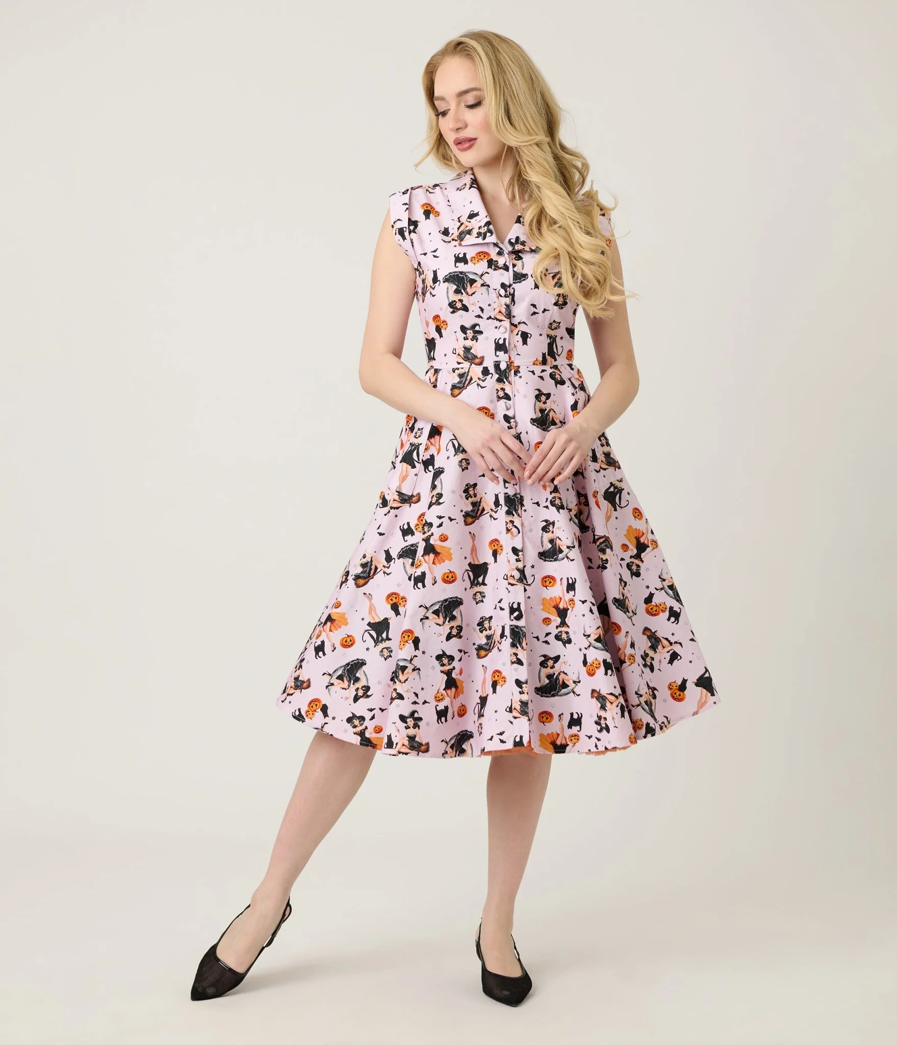 Unique Vintage Purple Pin-Up Witch Cotton Shirt Dress - Image 4