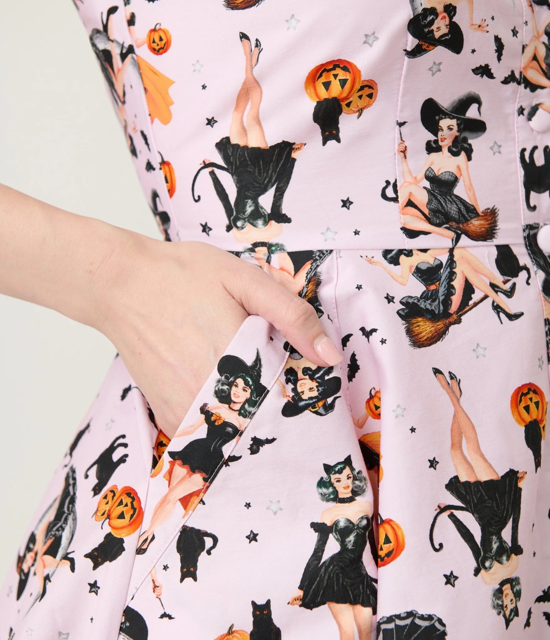 Unique Vintage Purple Pin-Up Witch Cotton Shirt Dress - Image 5