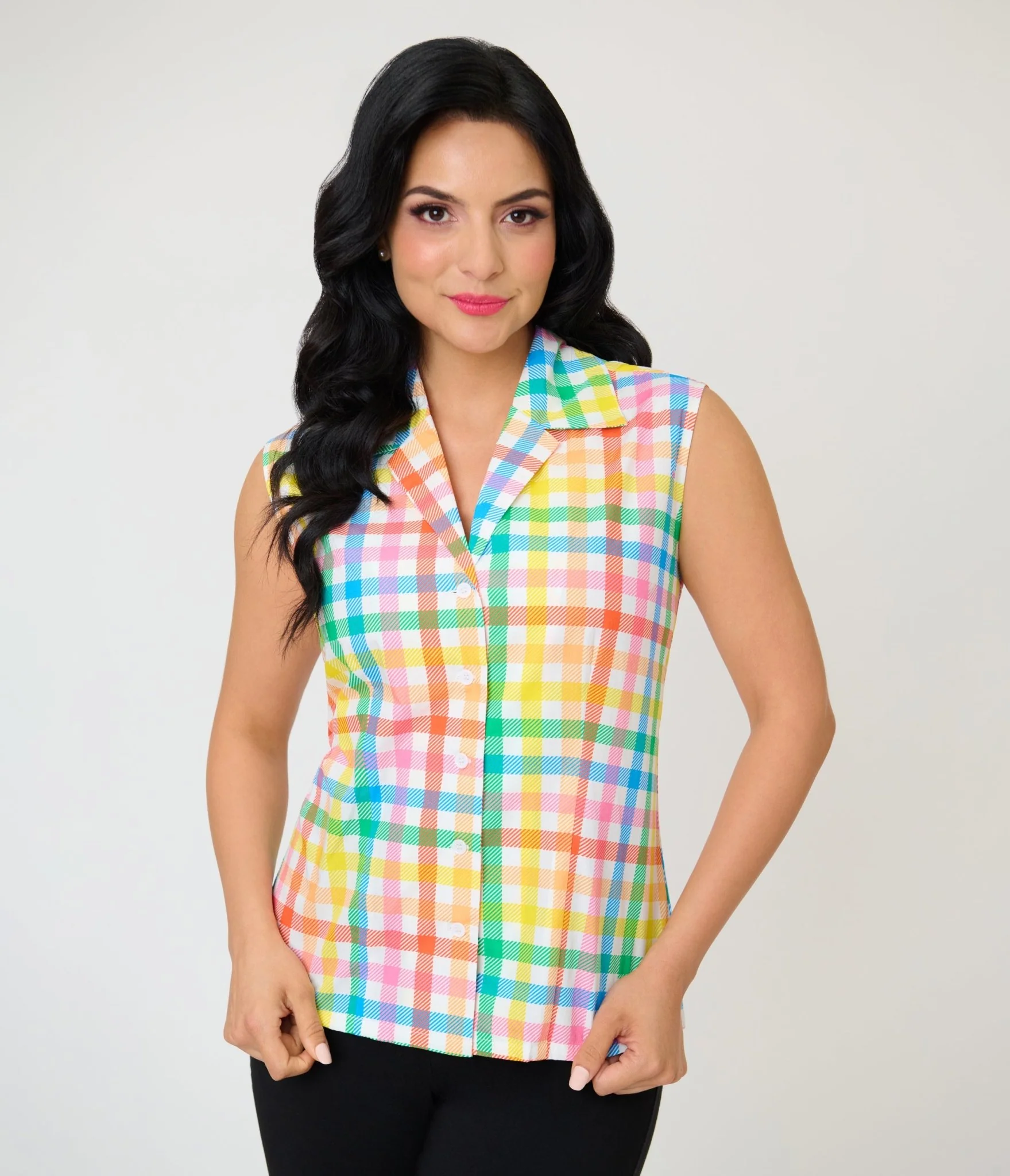 Unique Vintage Rainbow Gingham Notched Collar Cotton Blouse - Image 3