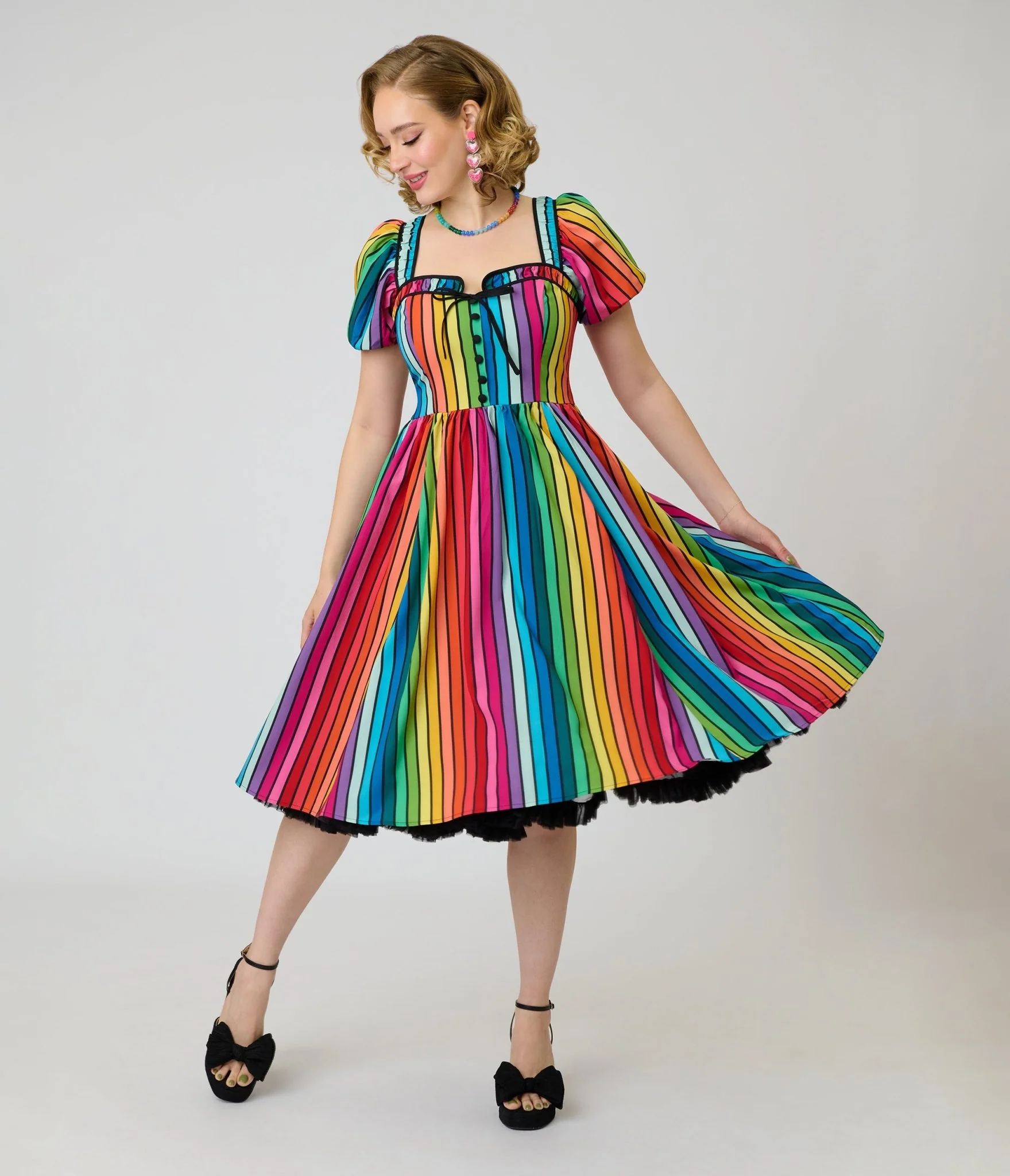 Unique Vintage Rainbow Pride Striped Button Front Swing Dress