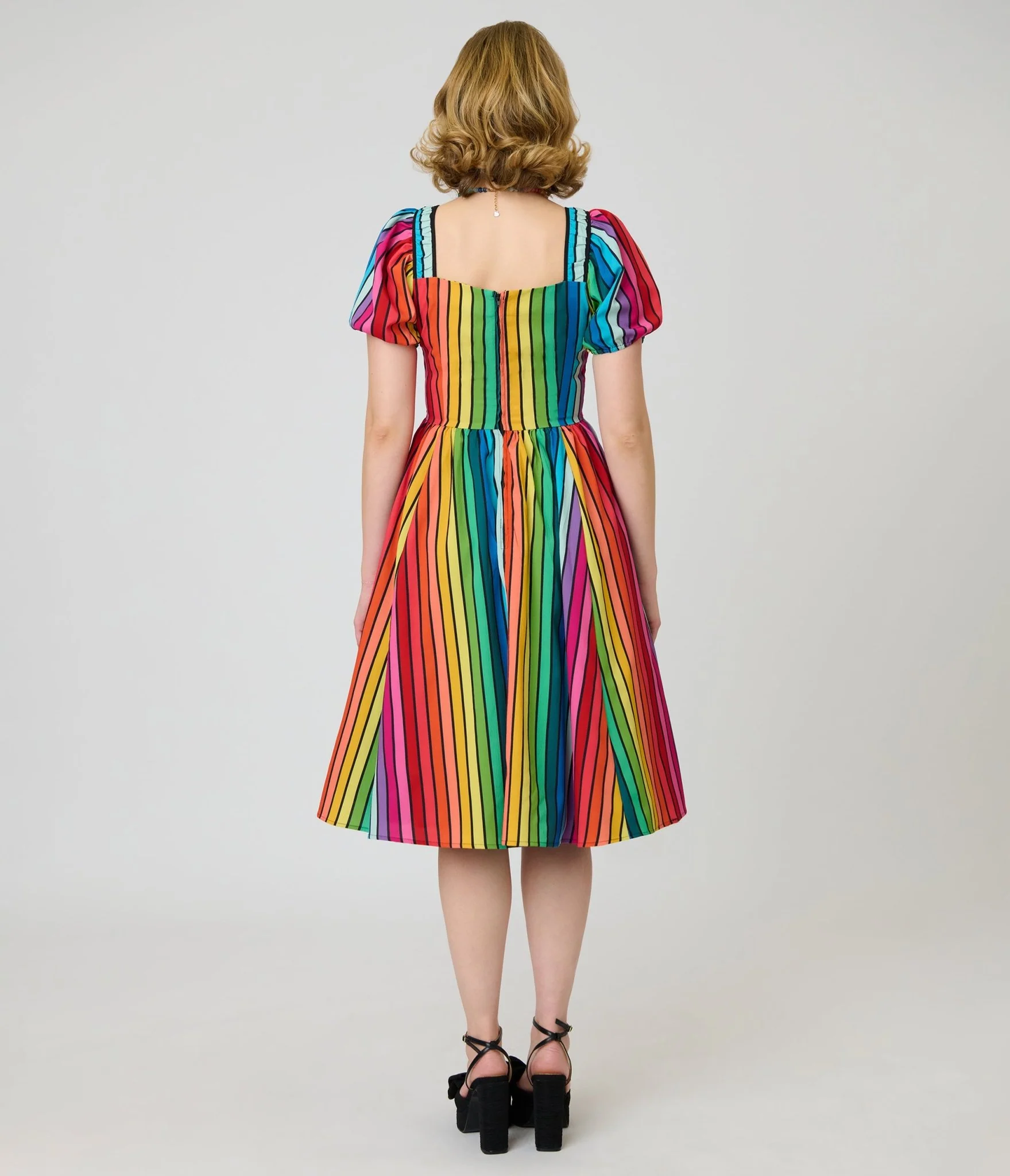 Unique Vintage Rainbow Pride Striped Button Front Swing Dress - Image 2