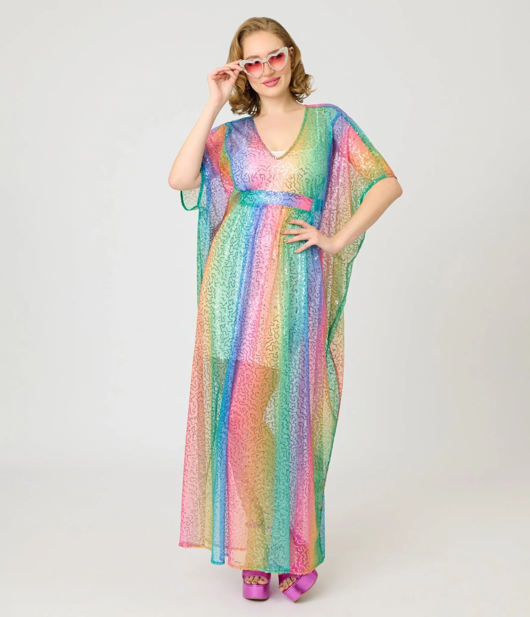 Unique Vintage Rainbow Sequin Mesh Burton Caftan Dress