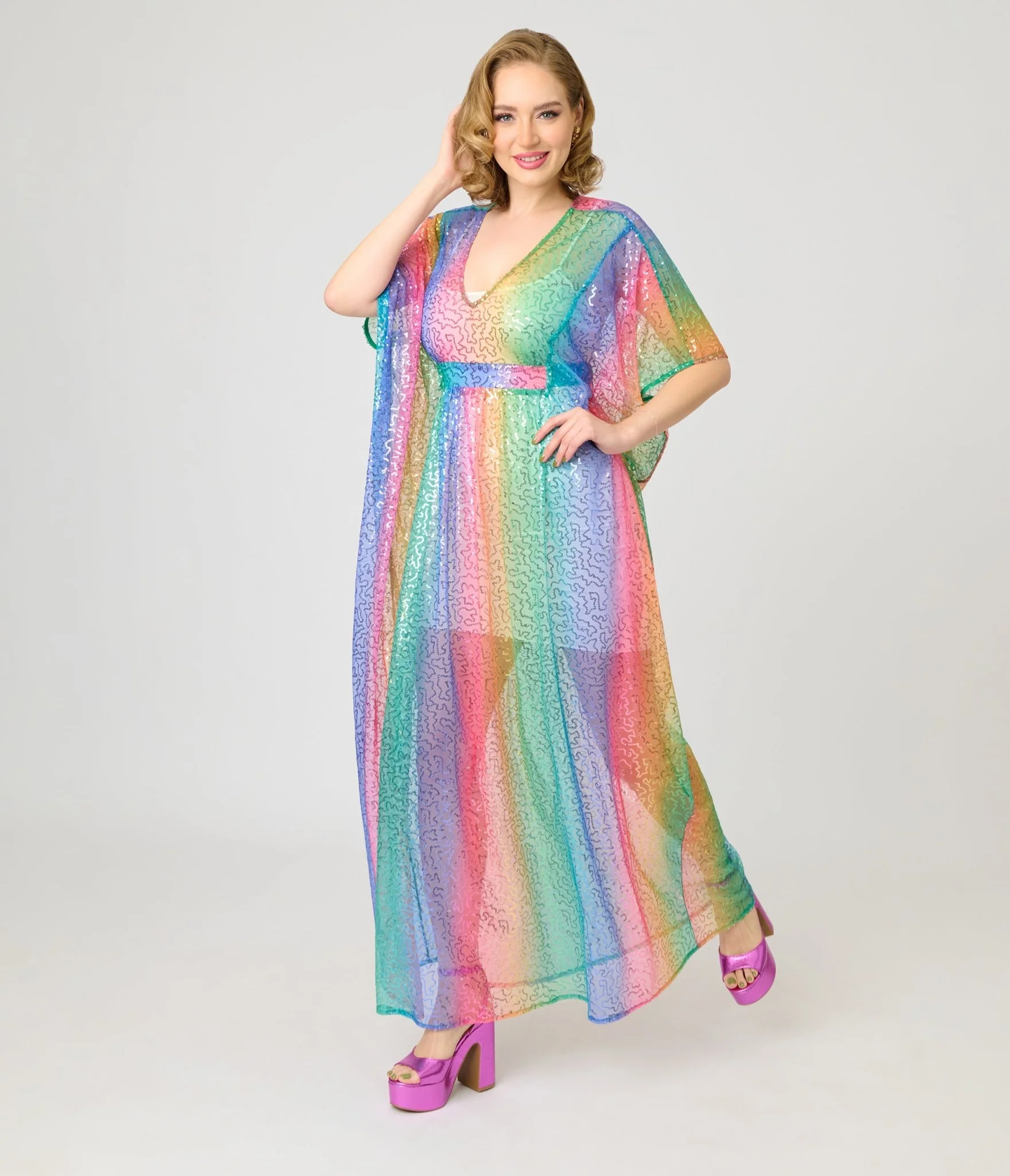 Unique Vintage Rainbow Sequin Mesh Burton Caftan Dress - Image 3