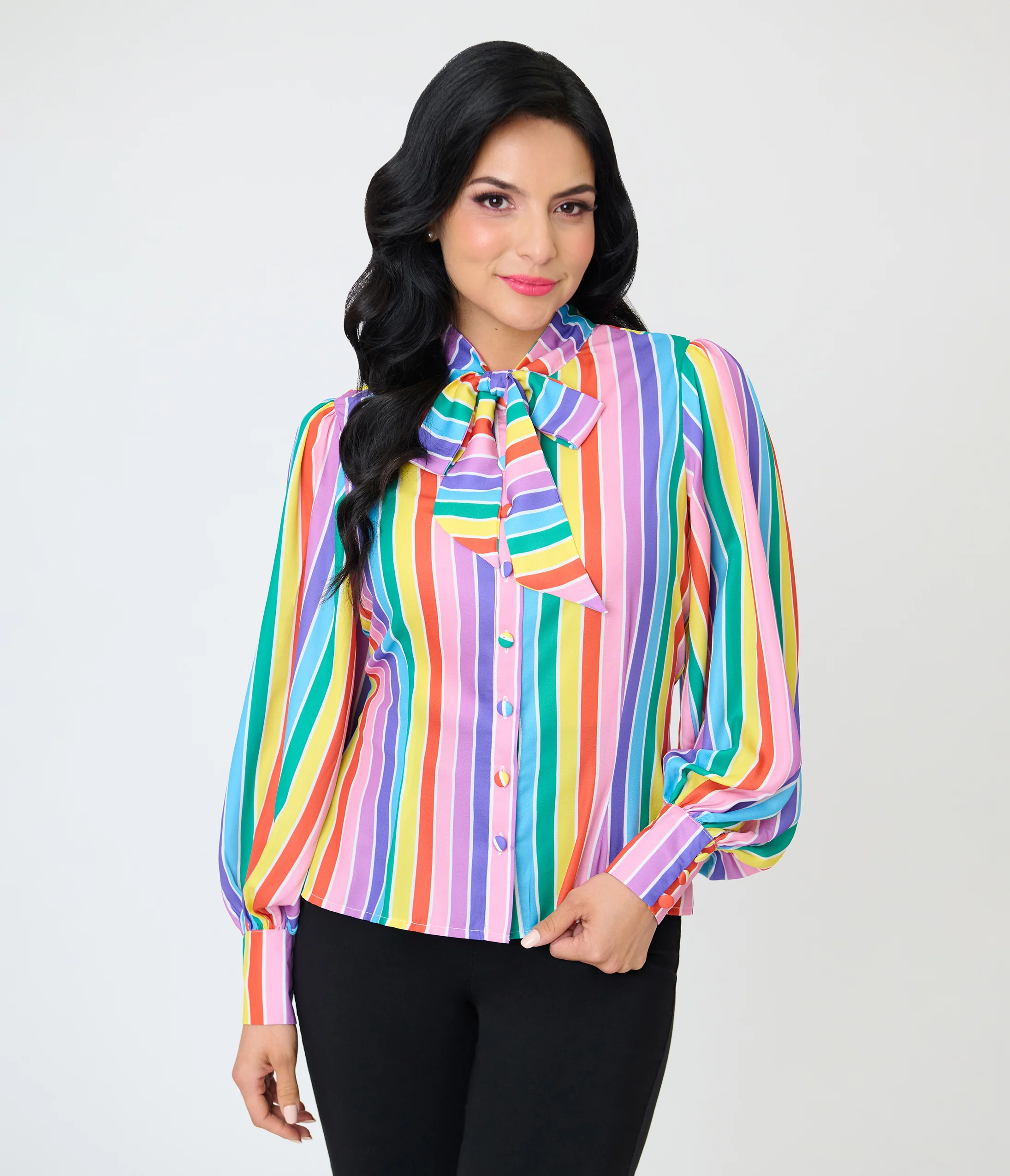 Unique Vintage Rainbow Stripe Long Sleeve Gwen Blouse - Image 3