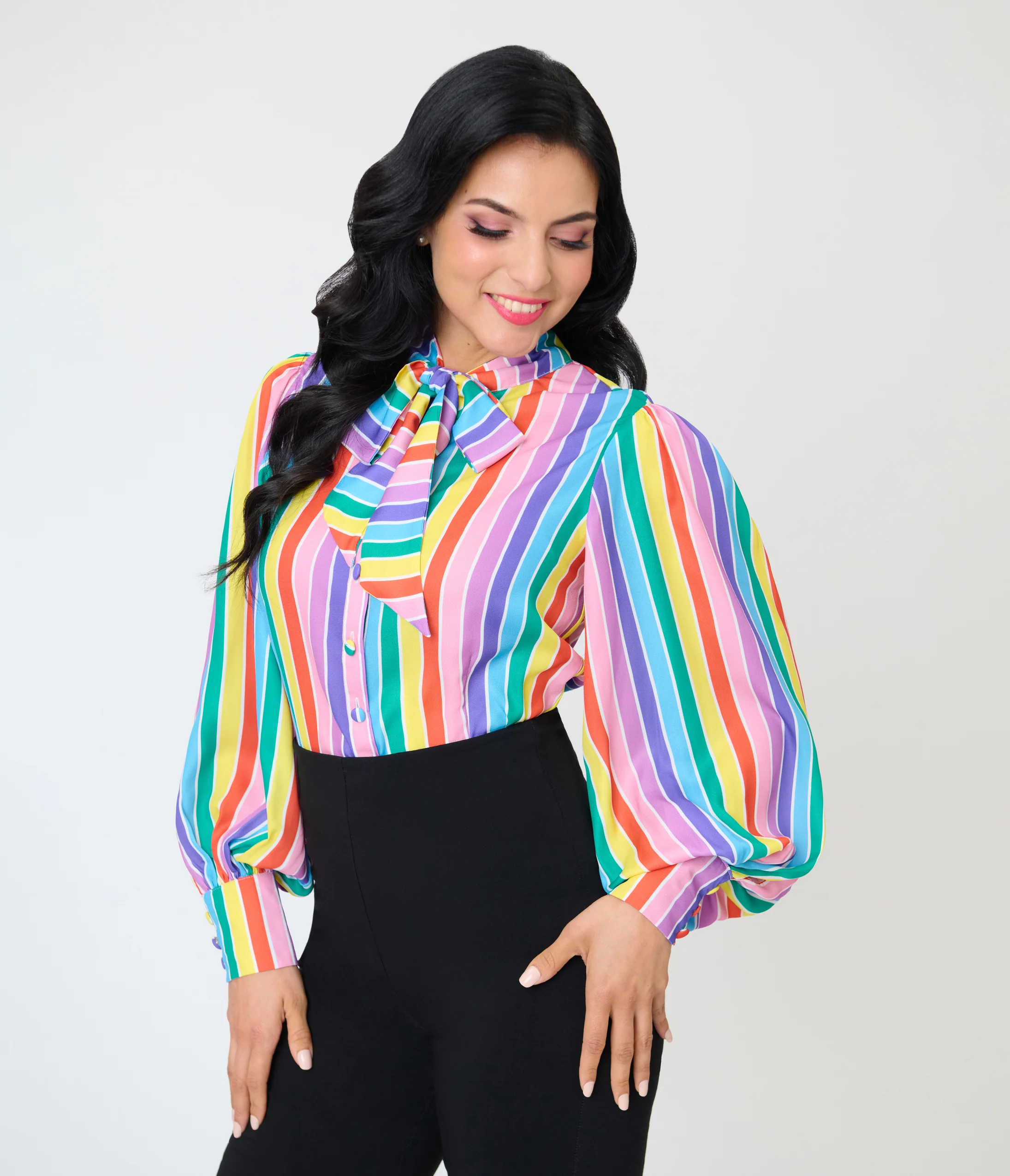 Unique Vintage Rainbow Stripe Long Sleeve Gwen Blouse - Image 4