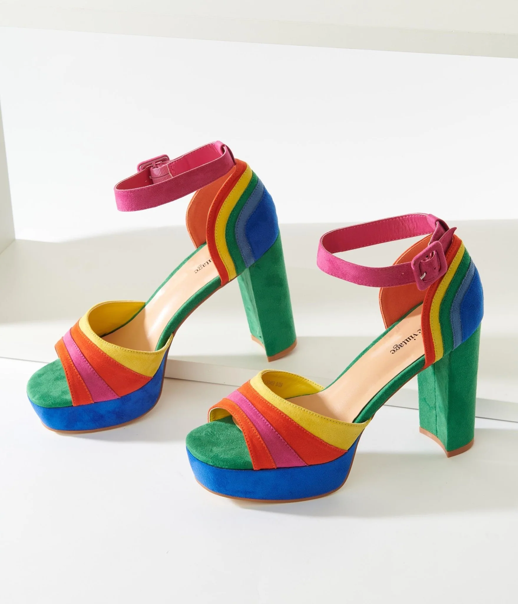 Unique Vintage Rainbow Suede Peep Toe Pumps - Image 5