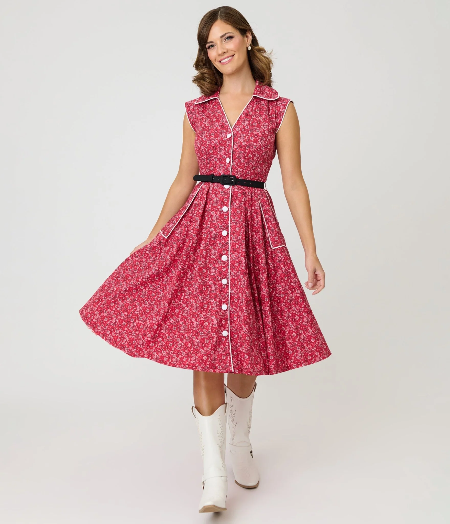 Unique Vintage Red Bandana Cotton Shirt Swing Dress - Image 3
