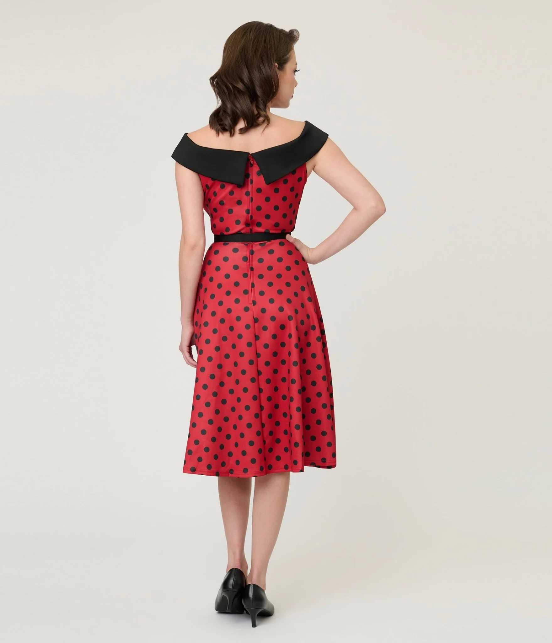 Unique Vintage Red & Black Polka Dot Off the Shoulder Swing Dress - Image 2