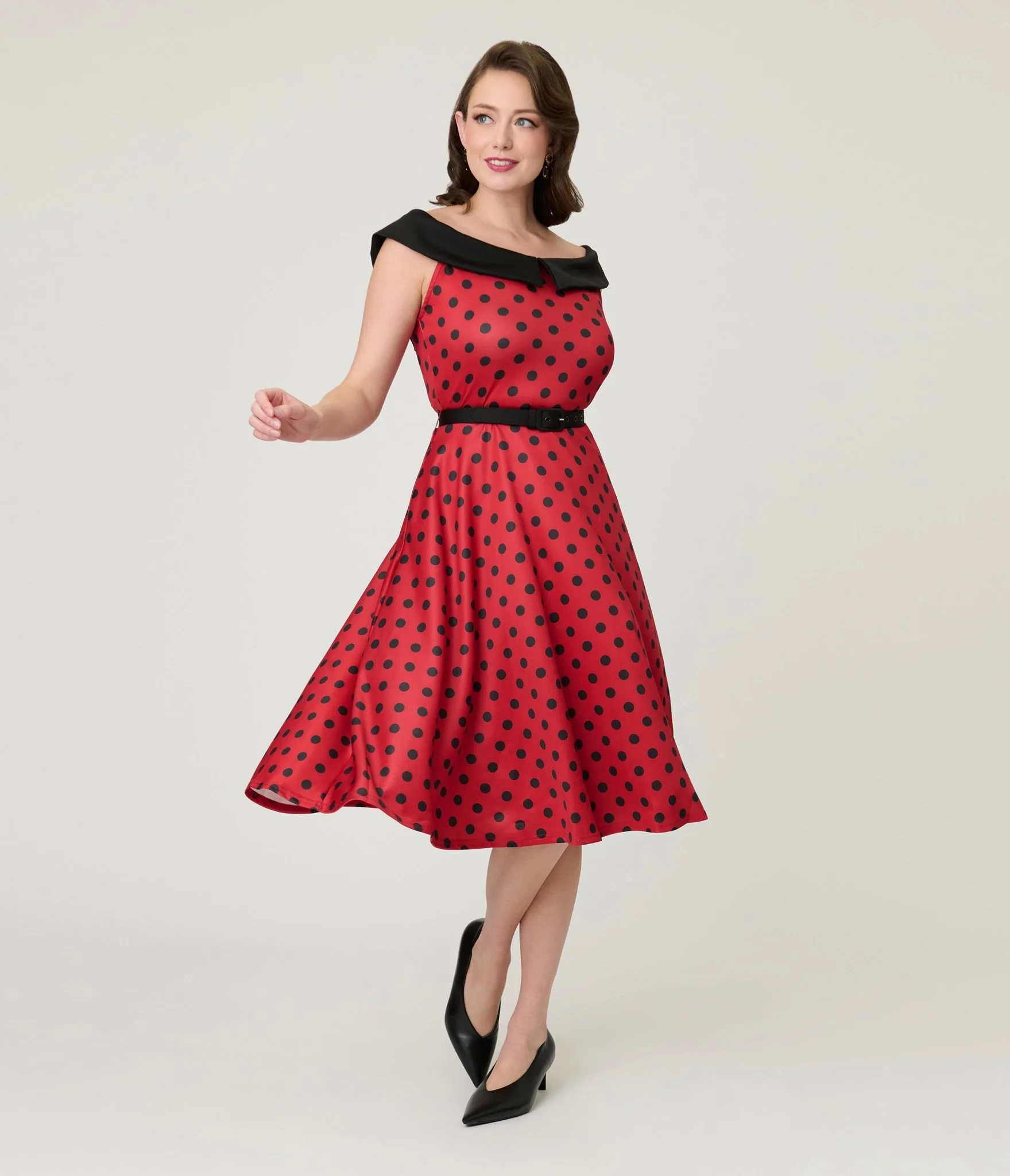 Unique Vintage Red & Black Polka Dot Off the Shoulder Swing Dress - Image 3
