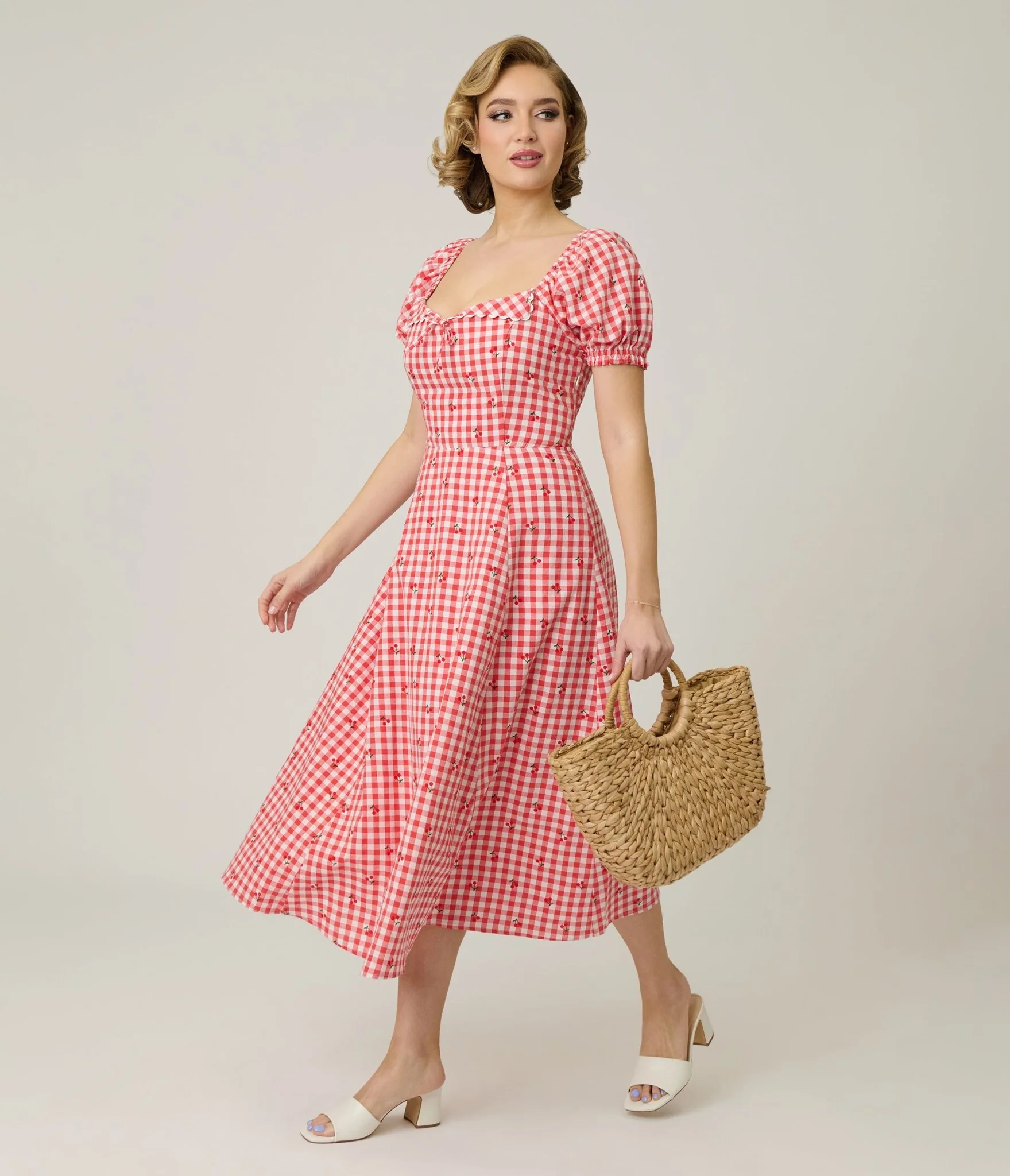 Unique Vintage Red Gingham & Cherries Puff Sleeve Midi Dress - Image 3
