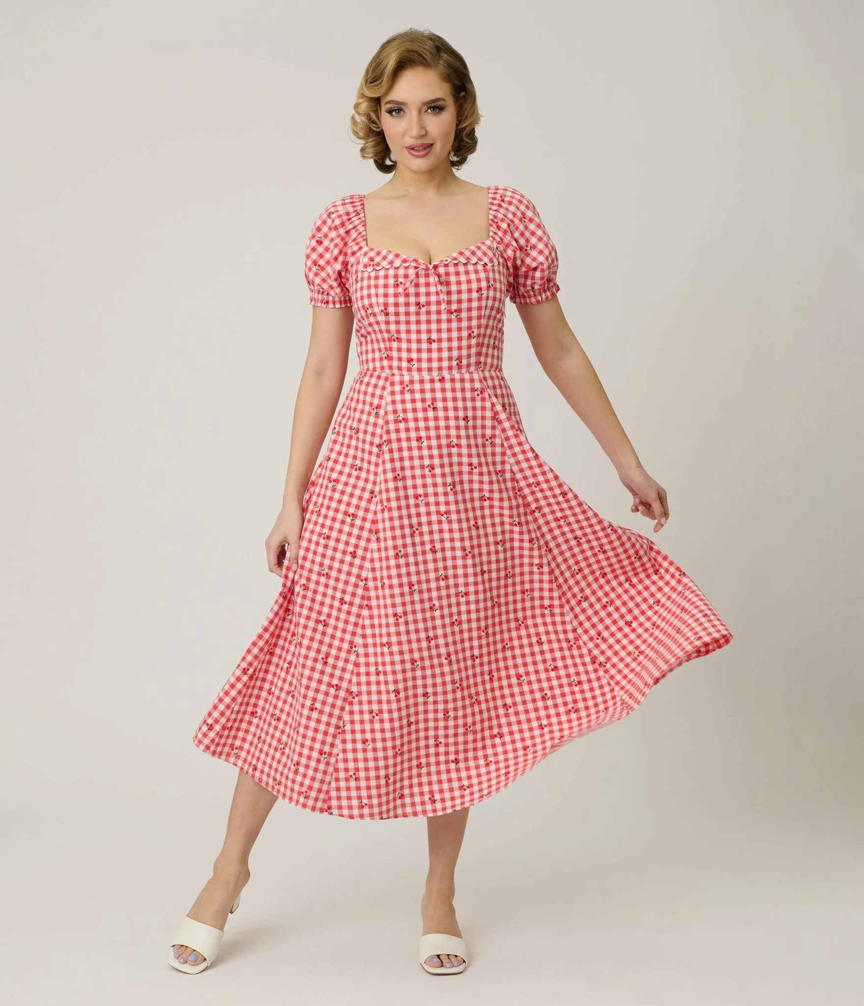 Unique Vintage Red Gingham & Cherries Puff Sleeve Midi Dress - Image 4