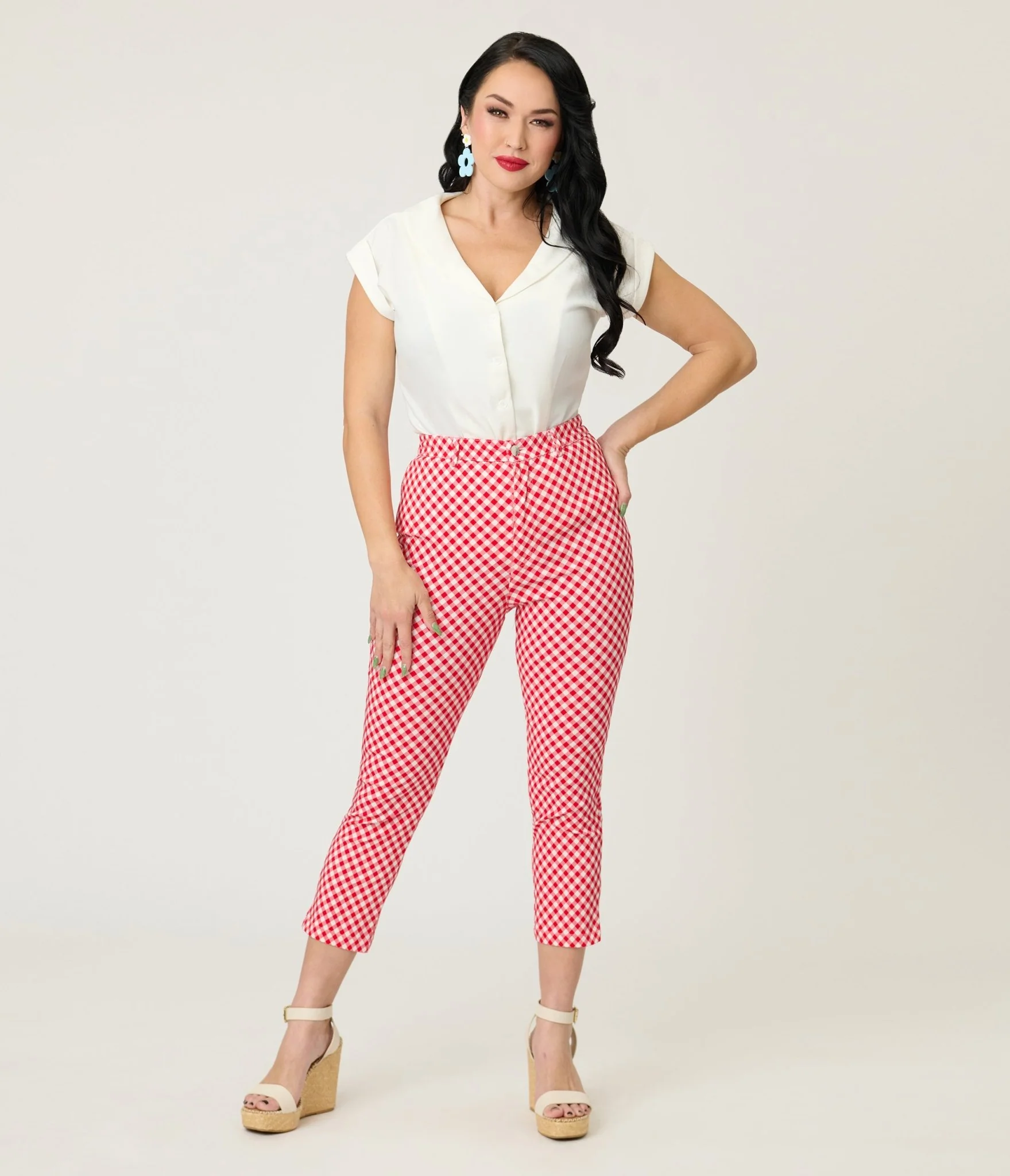 Unique Vintage Red Gingham Rachelle Capri Pants - Image 4