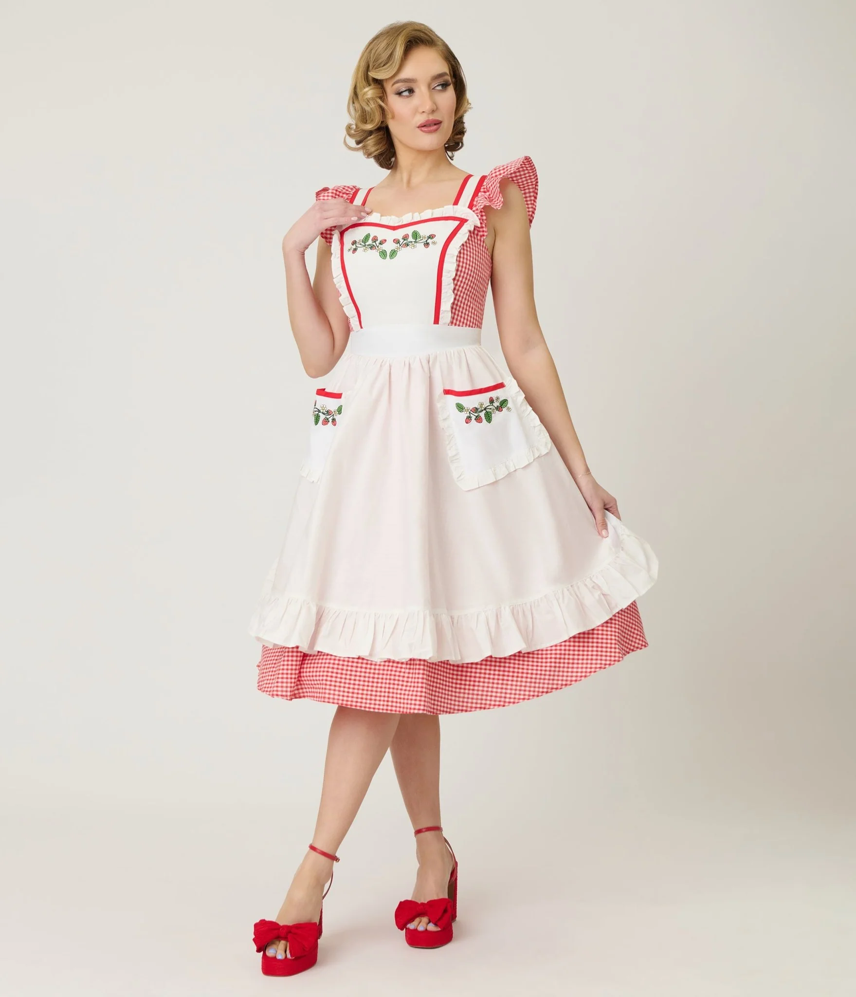 Unique Vintage Red Gingham & White Ruffled Apron Swing Dress