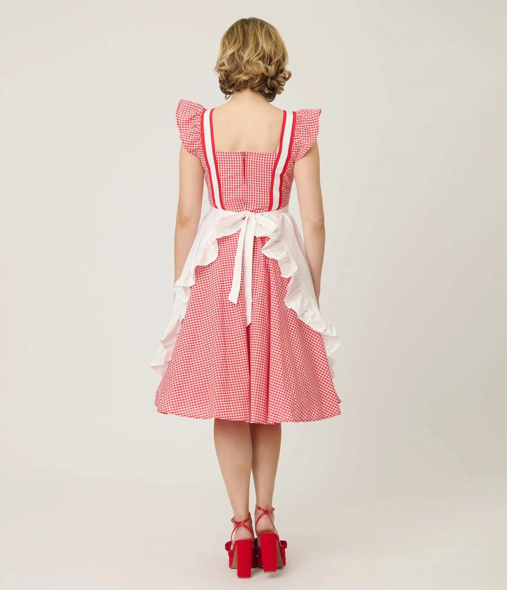 Unique Vintage Red Gingham & White Ruffled Apron Swing Dress - Image 2
