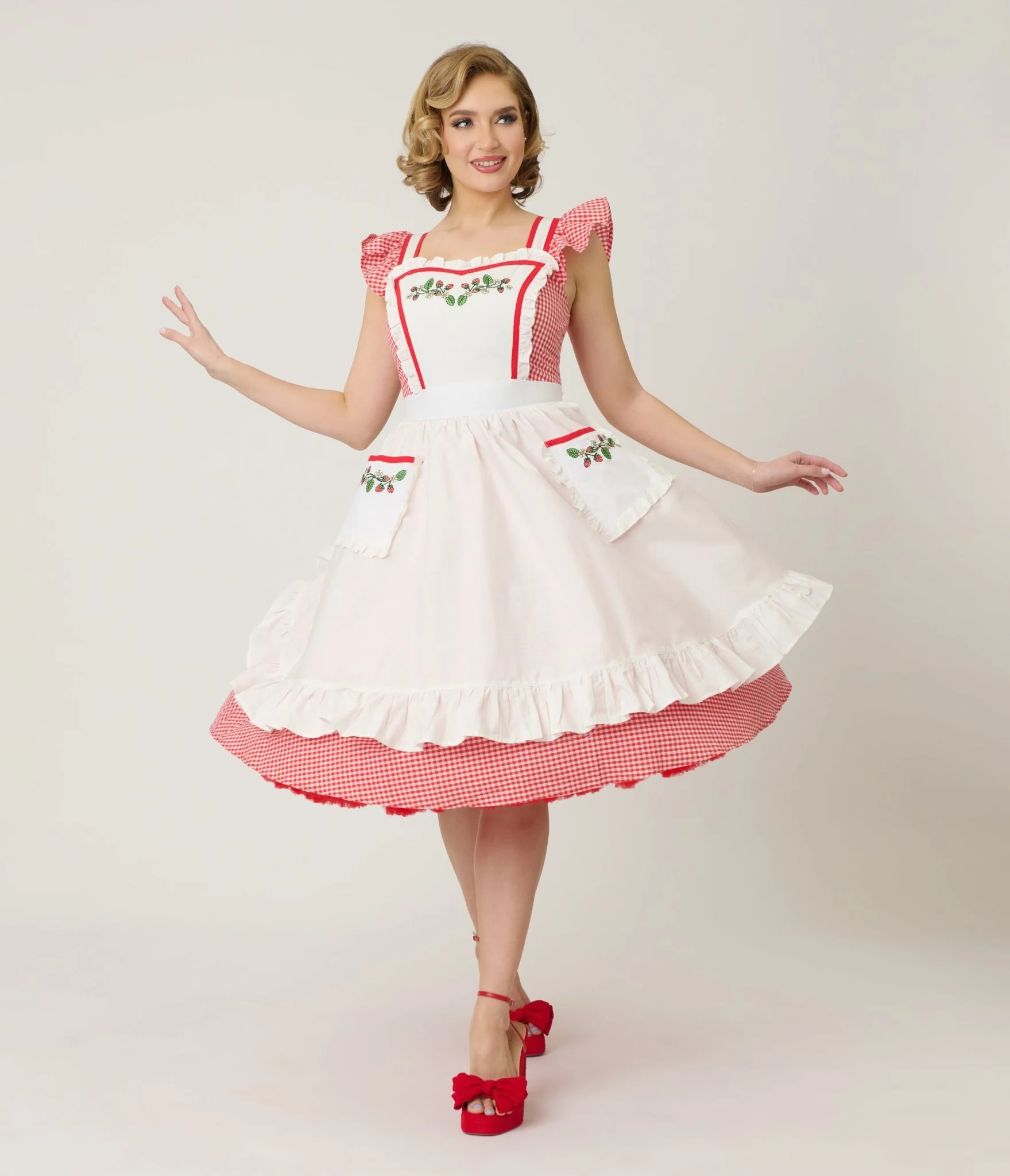 Unique Vintage Red Gingham & White Ruffled Apron Swing Dress - Image 3
