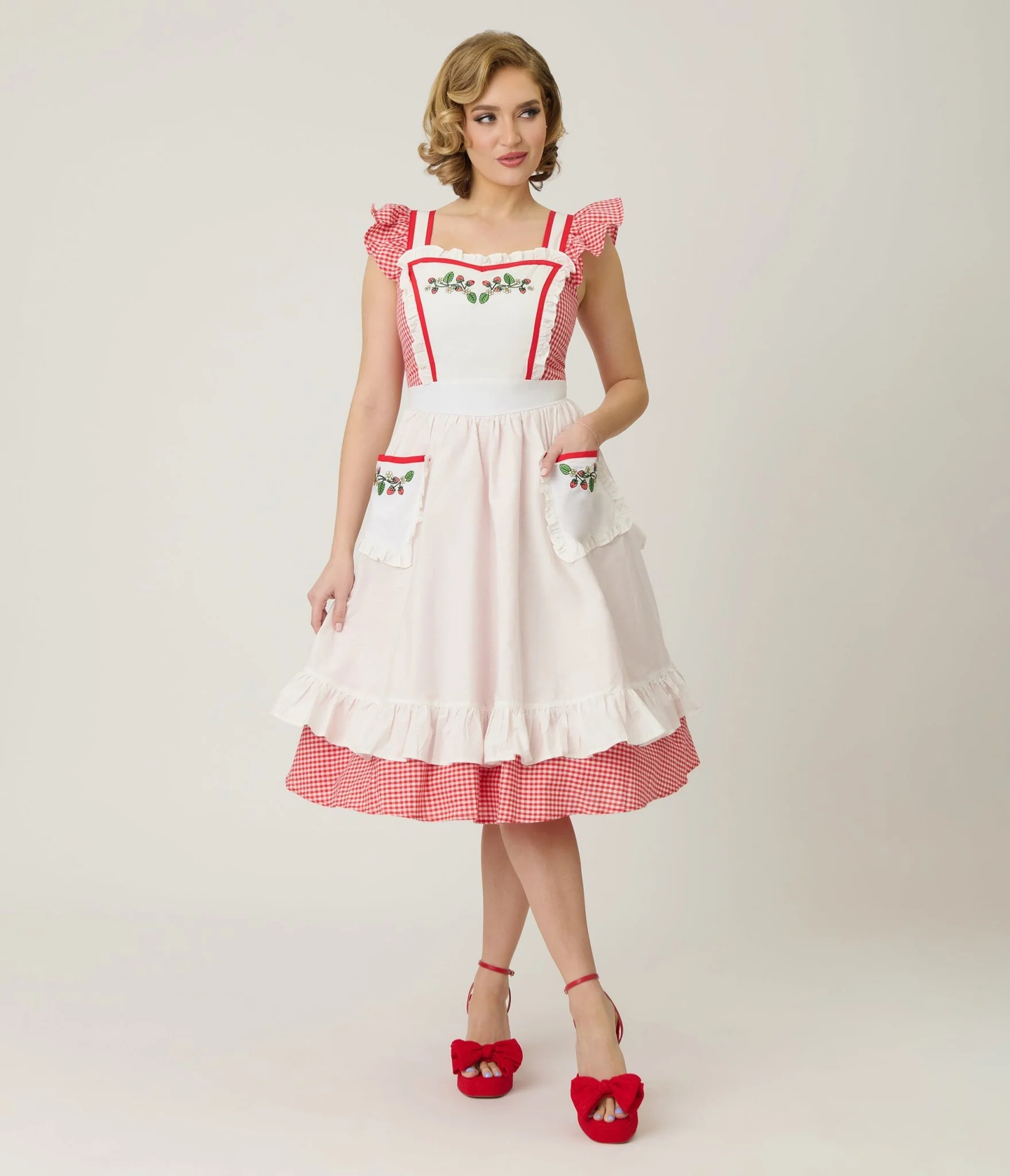 Unique Vintage Red Gingham & White Ruffled Apron Swing Dress - Image 4