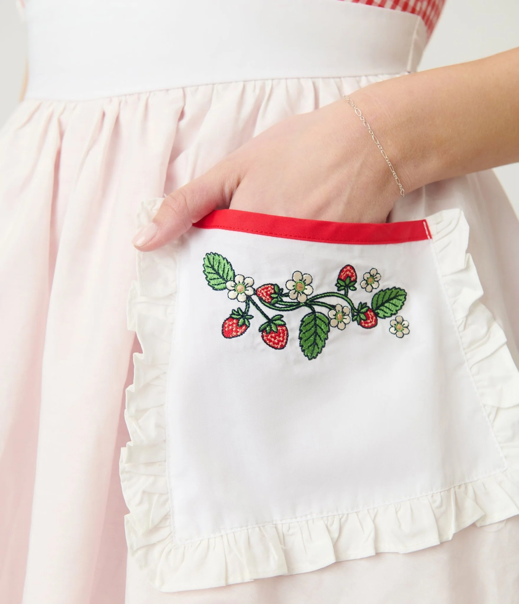 Unique Vintage Red Gingham & White Ruffled Apron Swing Dress - Image 5