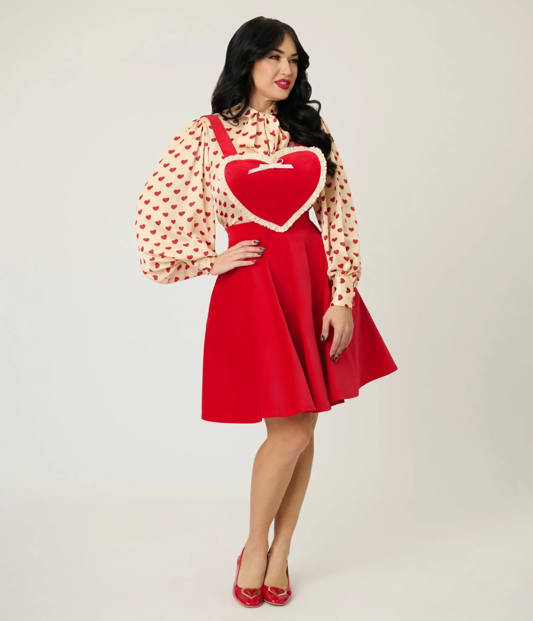 Unique Vintage Red Heart Bib Pinafore Skirt