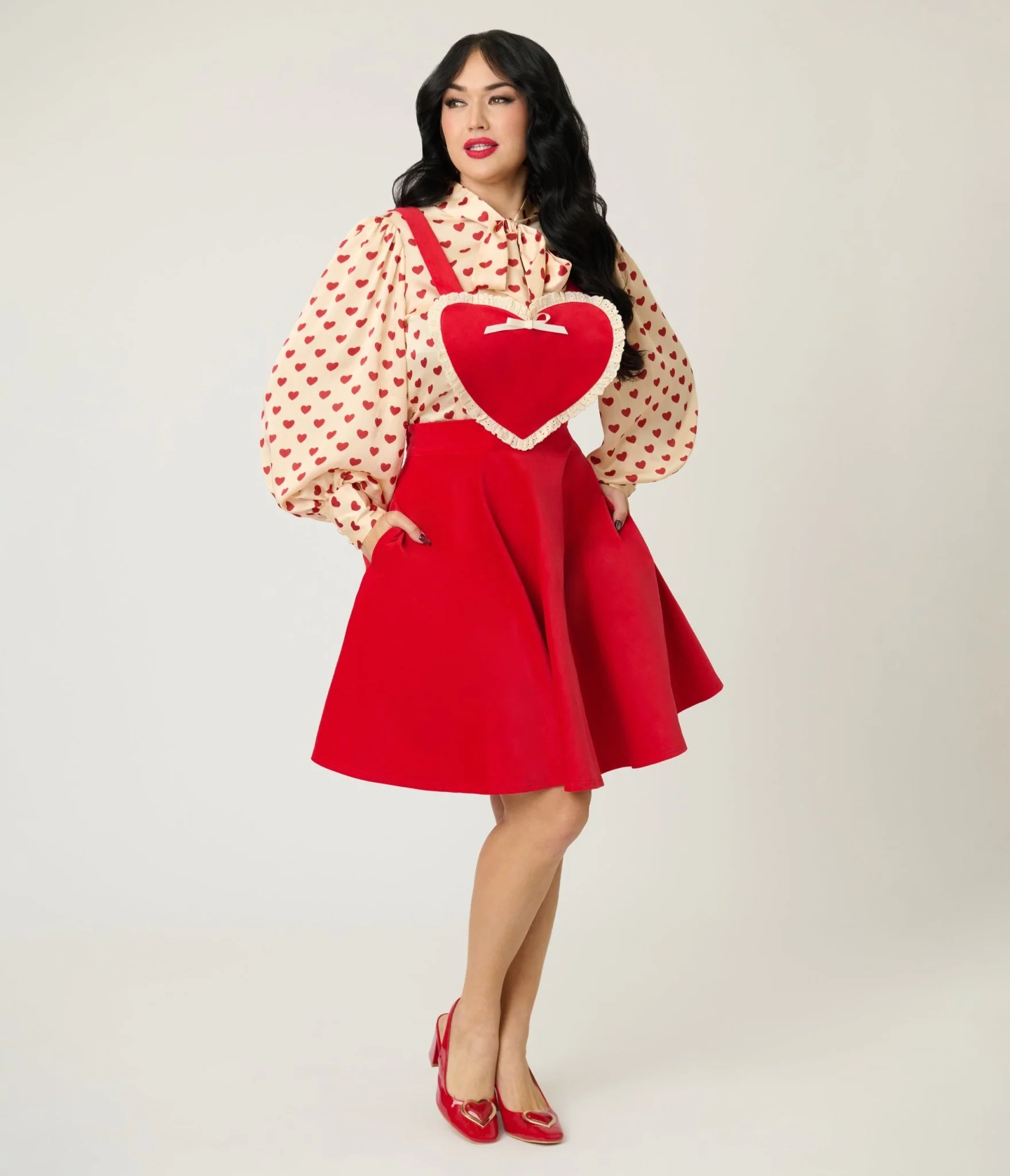 Unique Vintage Red Heart Bib Pinafore Skirt - Image 3