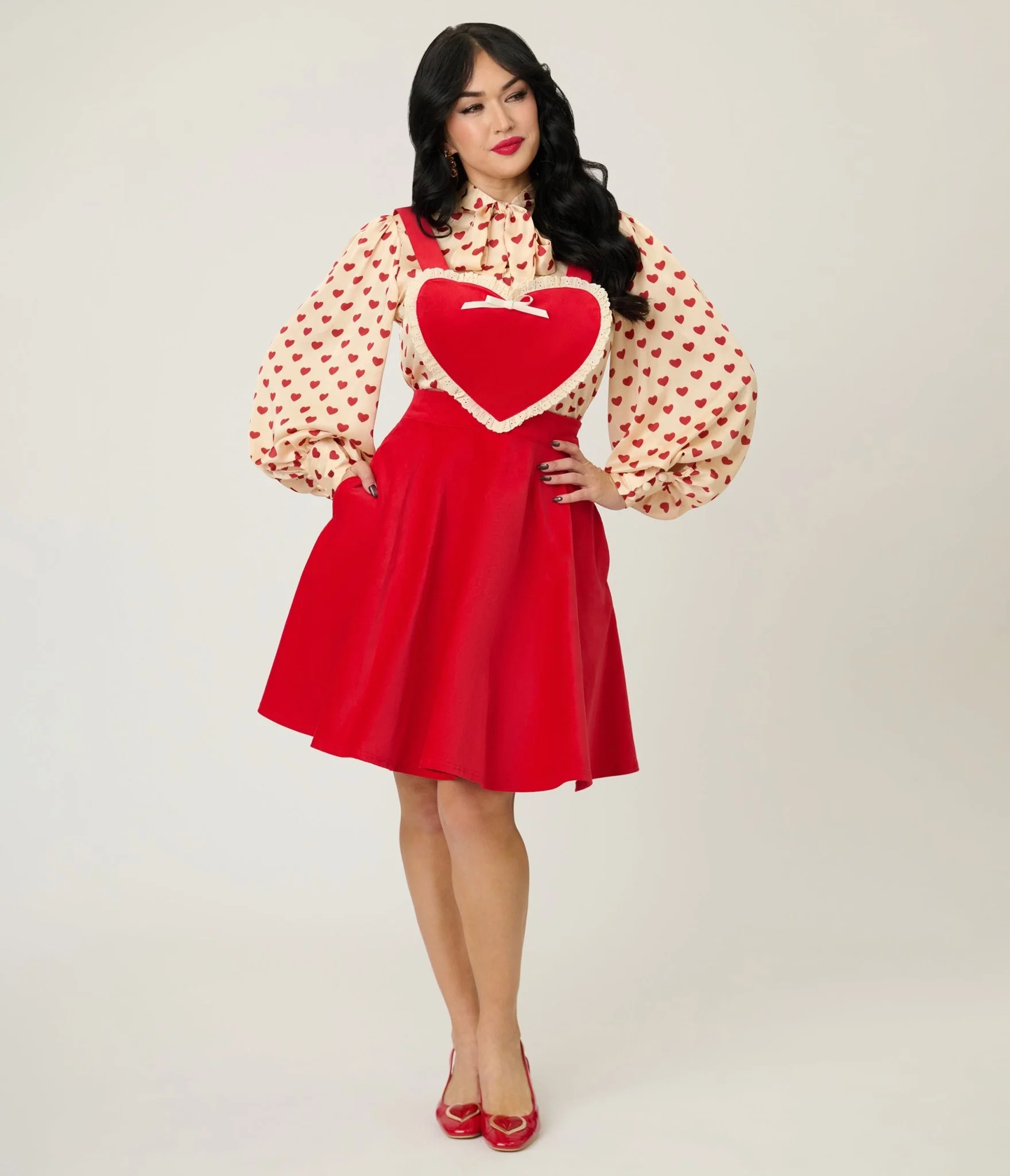 Unique Vintage Red Heart Bib Pinafore Skirt - Image 4