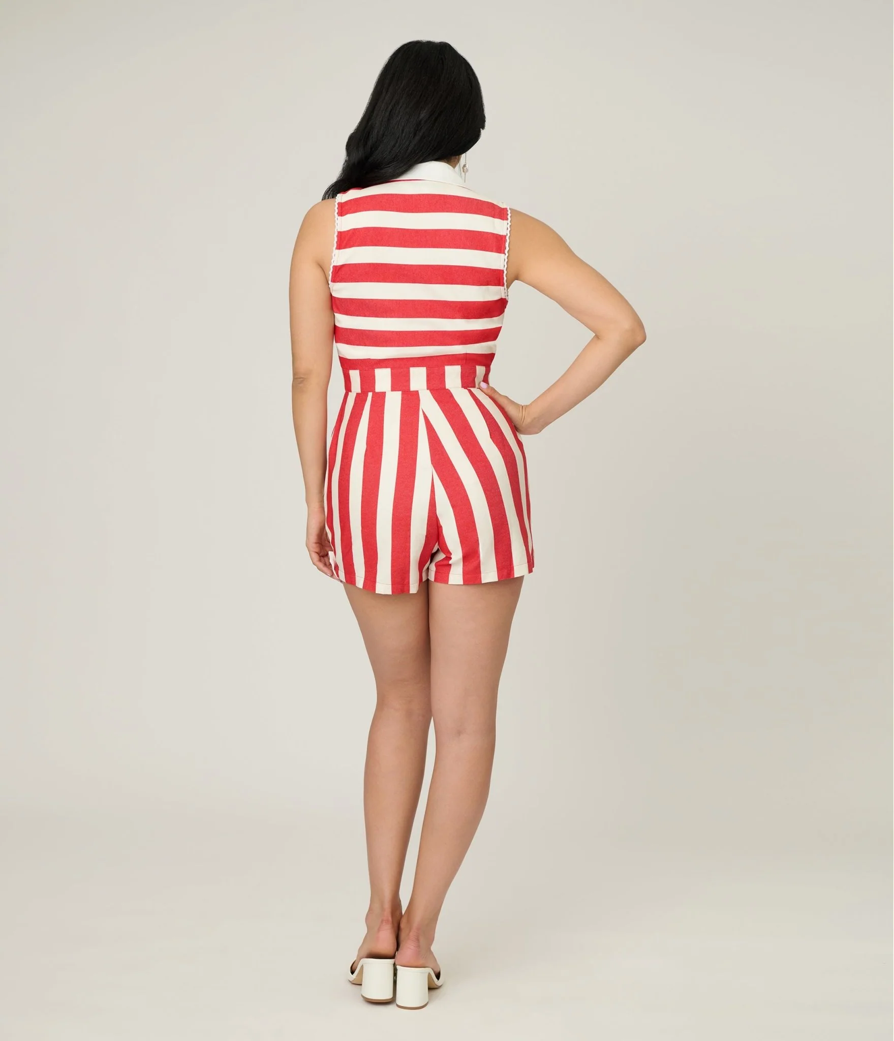 Unique Vintage Red & Ivory Striped Shelby Romper - Image 2