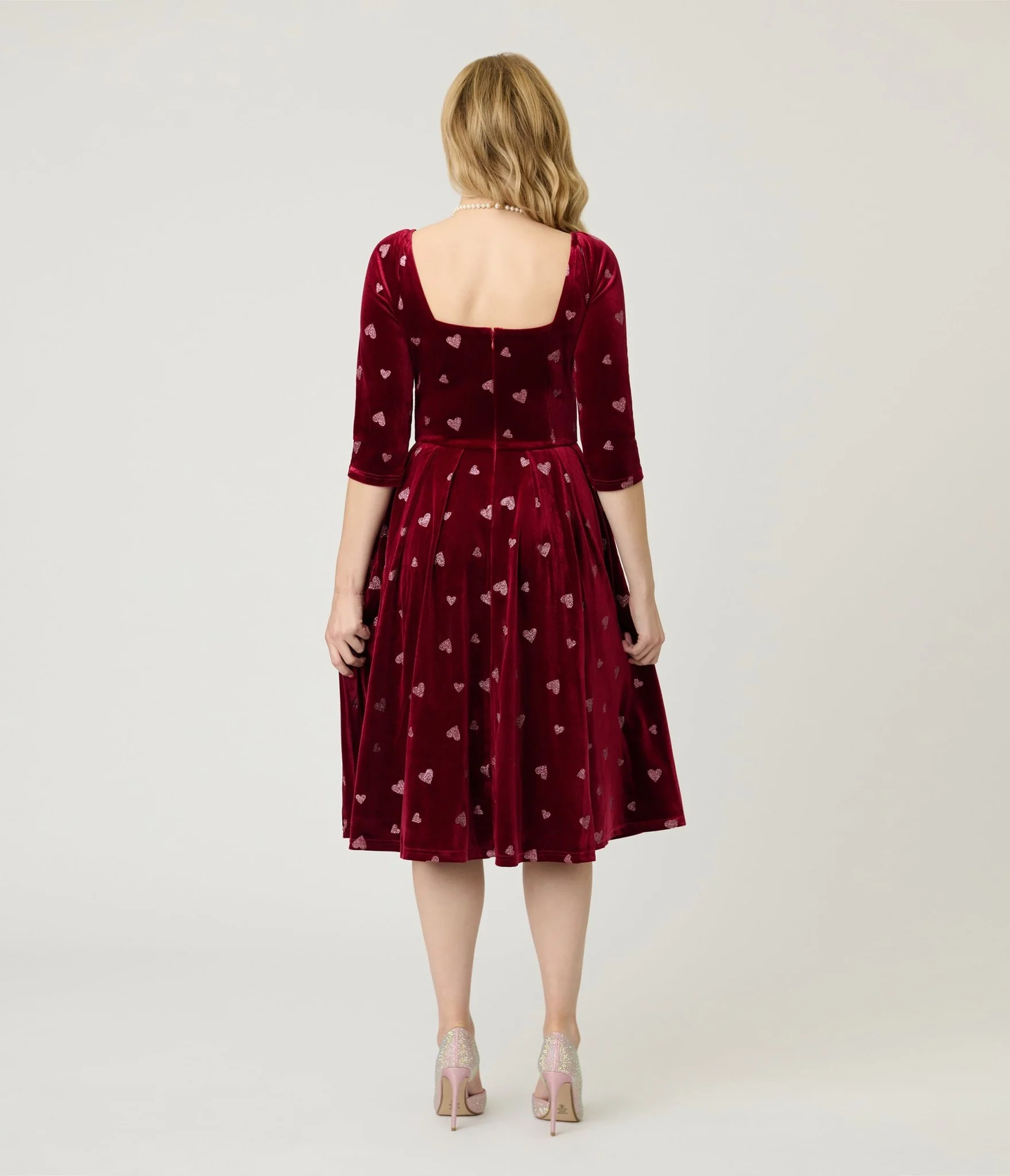 Unique Vintage Red & Pink Glitter Heart Velvet Lamar Swing Dress - Image 2