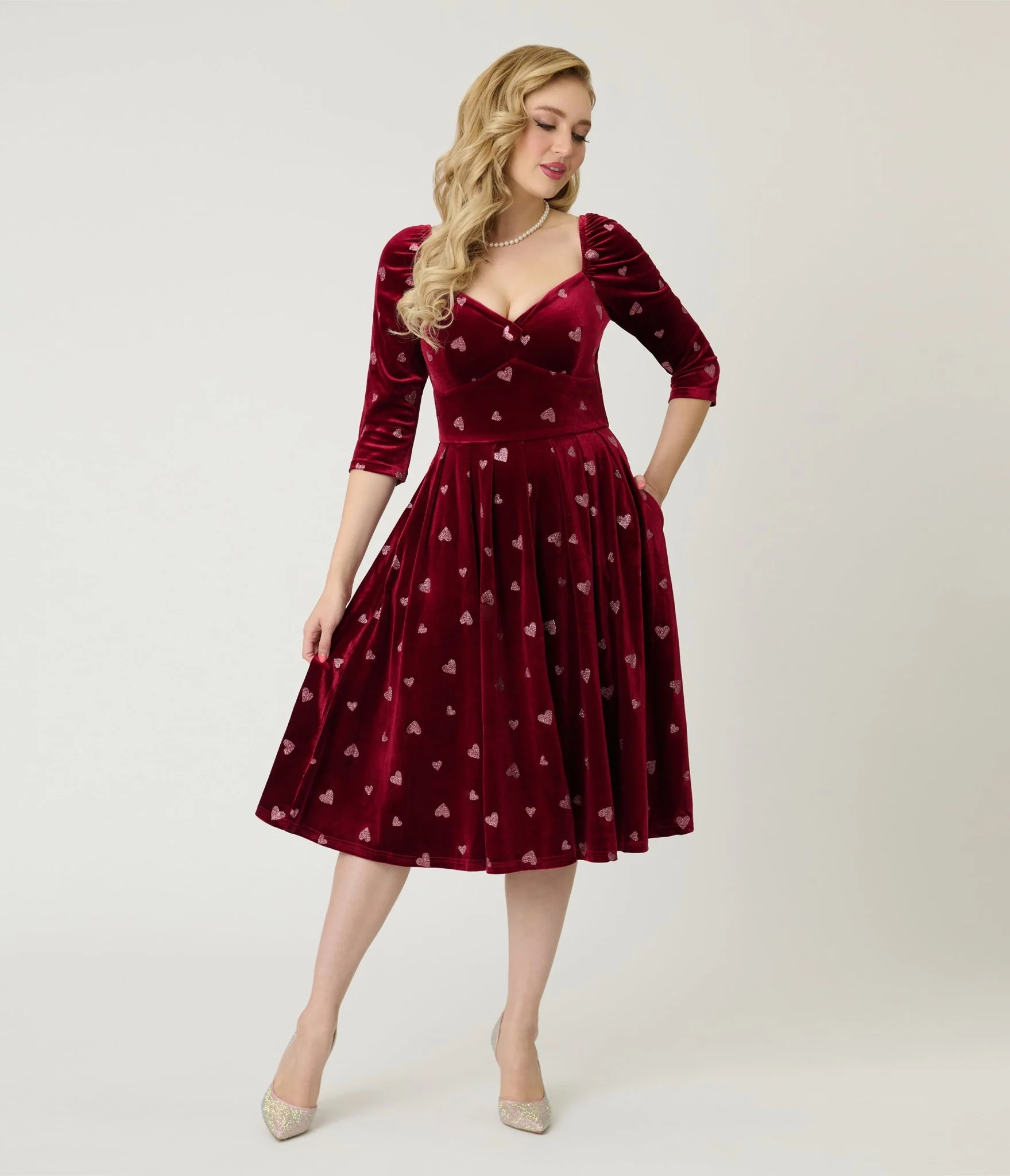 Unique Vintage Red & Pink Glitter Heart Velvet Lamar Swing Dress - Image 3