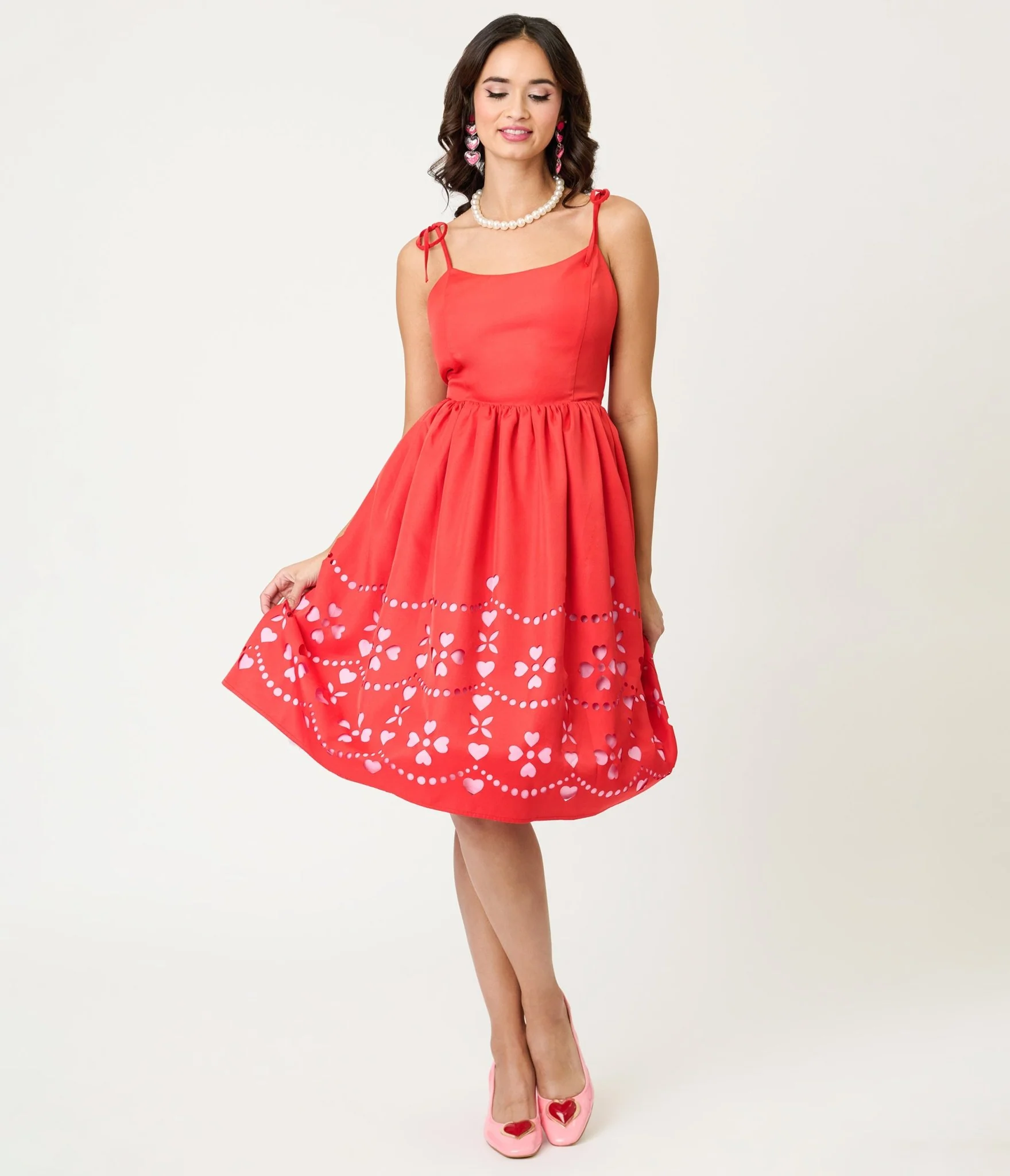 Unique Vintage Red & Pink Hearts Cutout Swing Dress