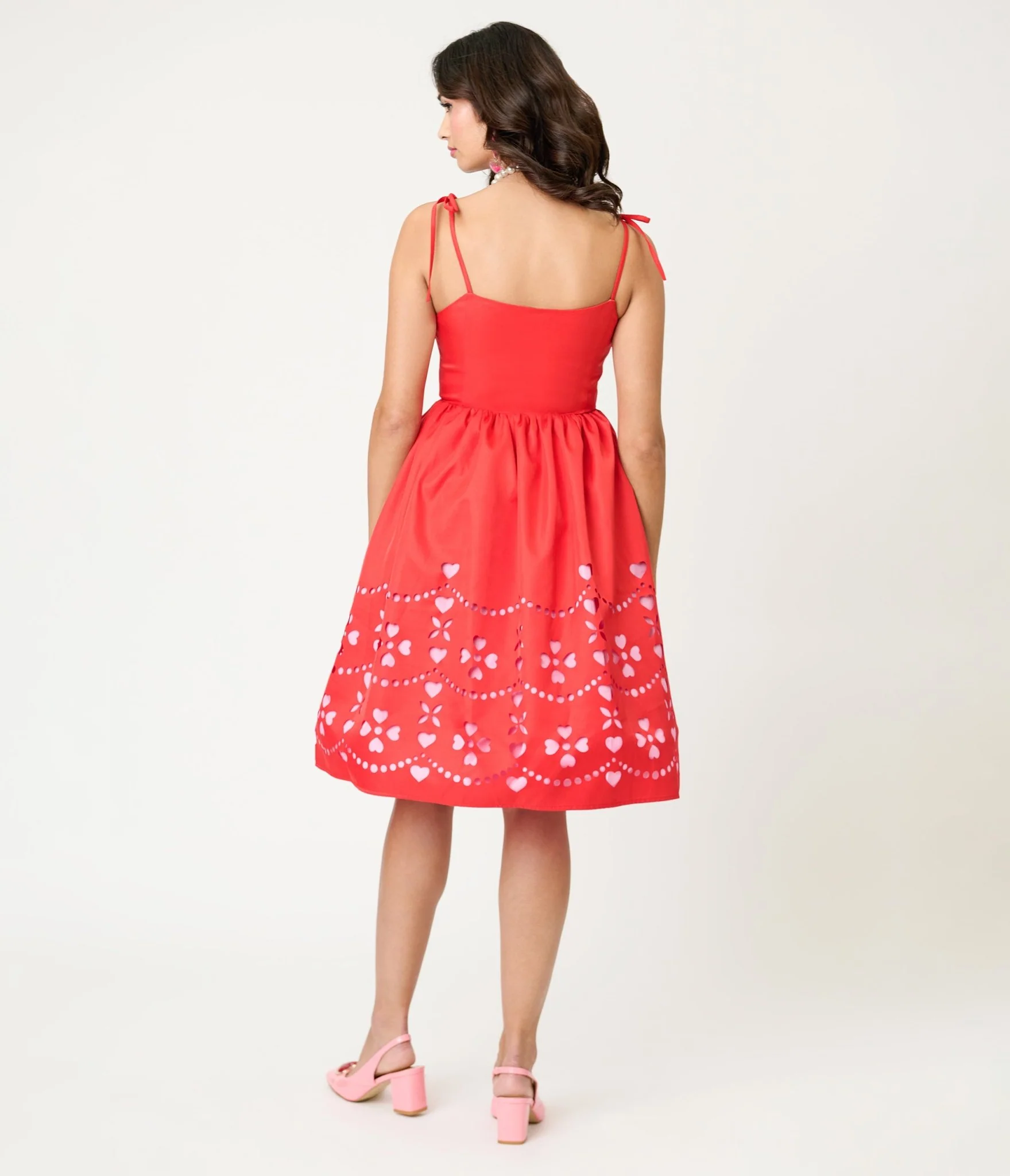 Unique Vintage Red & Pink Hearts Cutout Swing Dress - Image 2