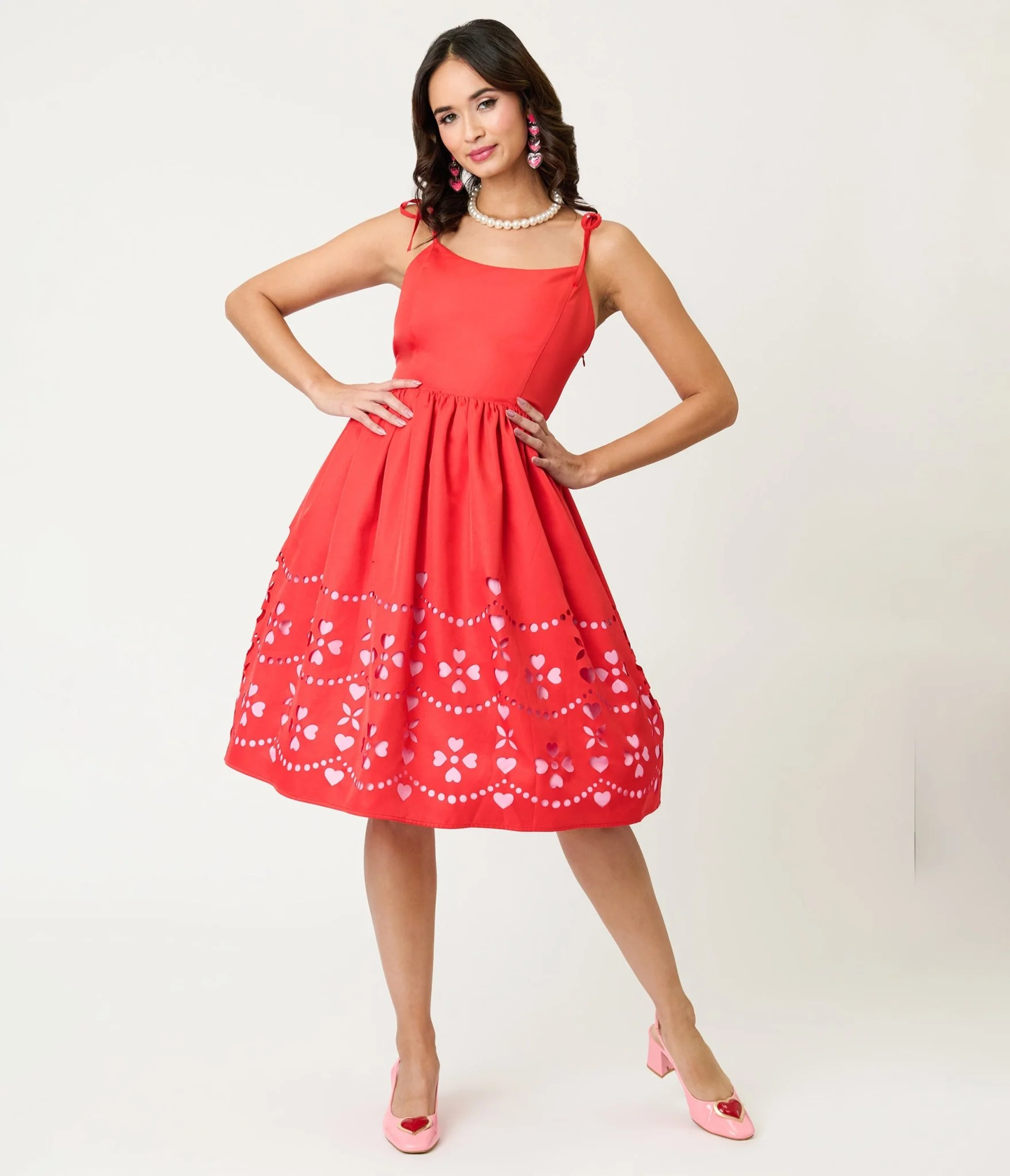 Unique Vintage Red & Pink Hearts Cutout Swing Dress - Image 3